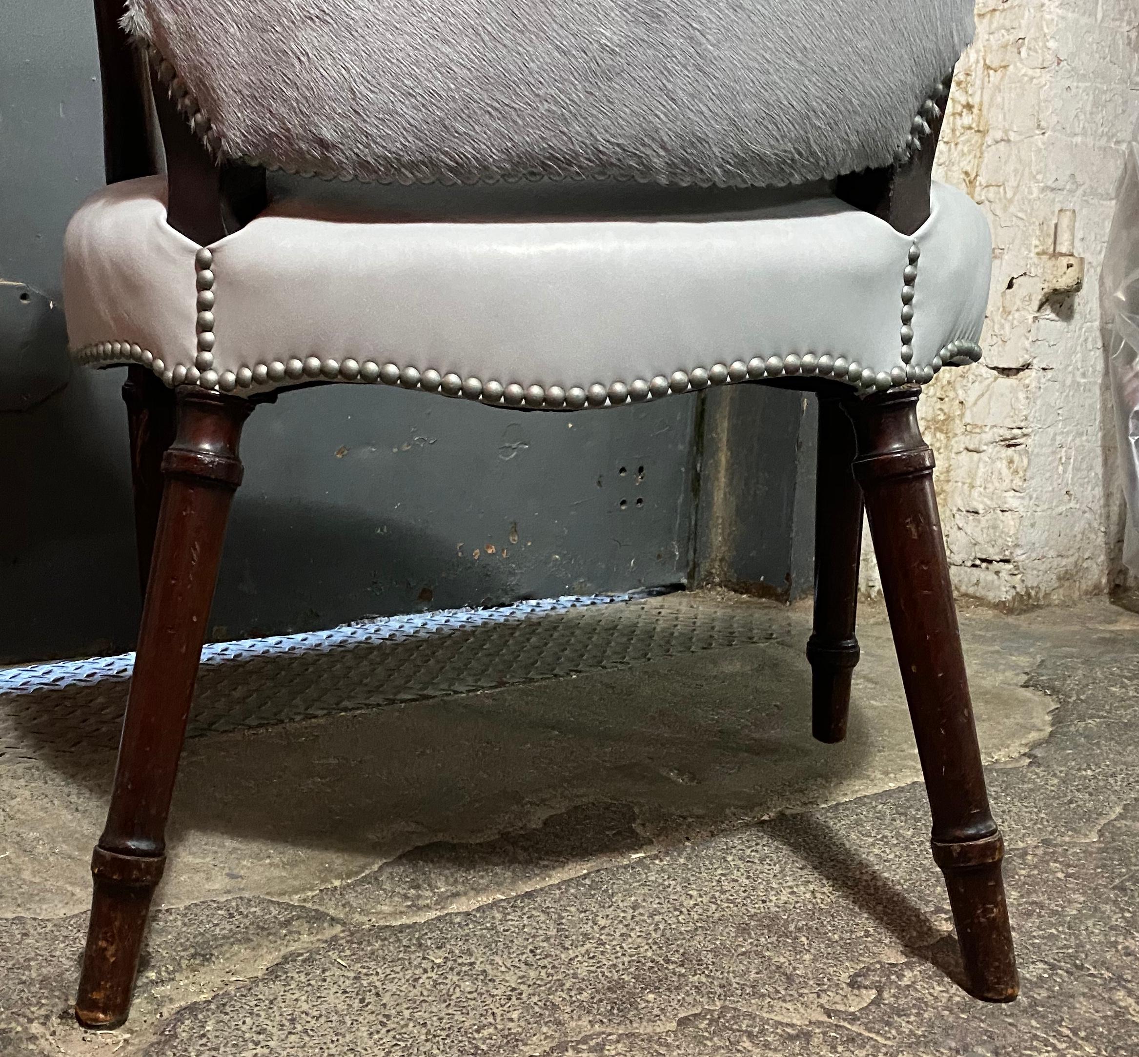 Chic Fauteuil in a Soft Gray Leather Seat and Matching Hair-on-Hide Back For Sale 2