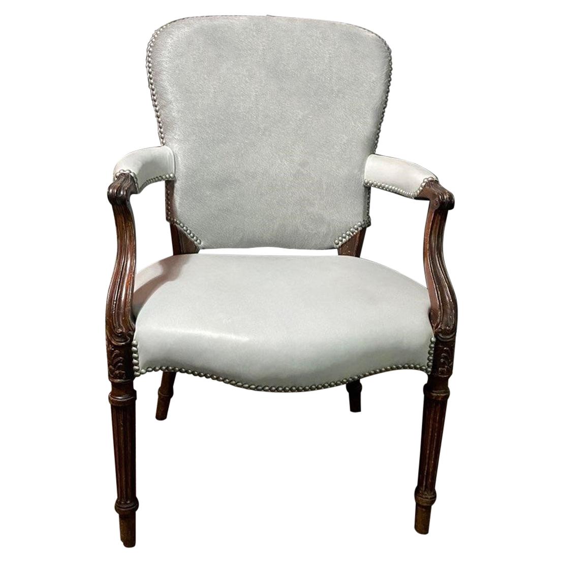 Chic Fauteuil in a Soft Gray Leather Seat and Matching Hair-on-Hide Back For Sale