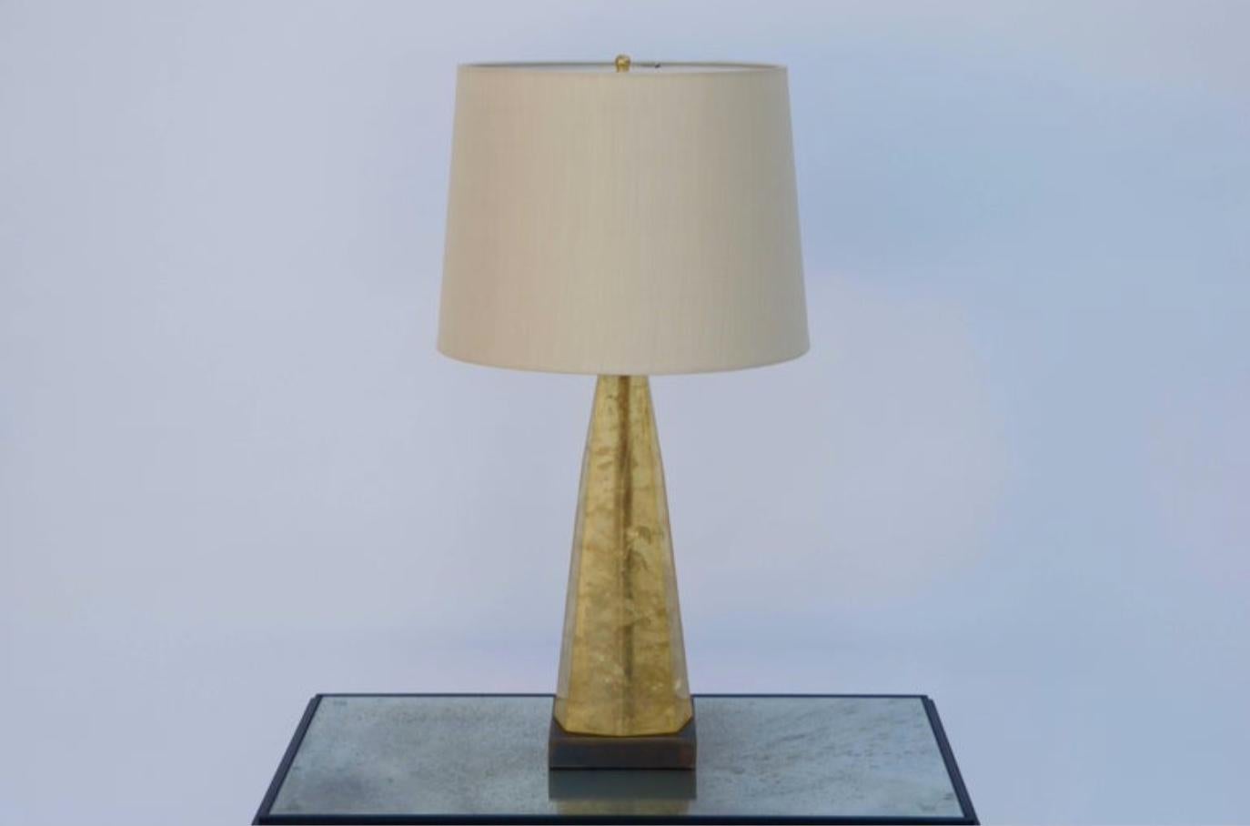 Fractal resin lamp in the style of Marie-Claude de Fouquières, circa 1975. Obelisk shaped fractal resin column over a patinated brass base. Rewired with custom cream silk shade and matching top diffuser. Very chic lamp.

Shade measurement: 14'