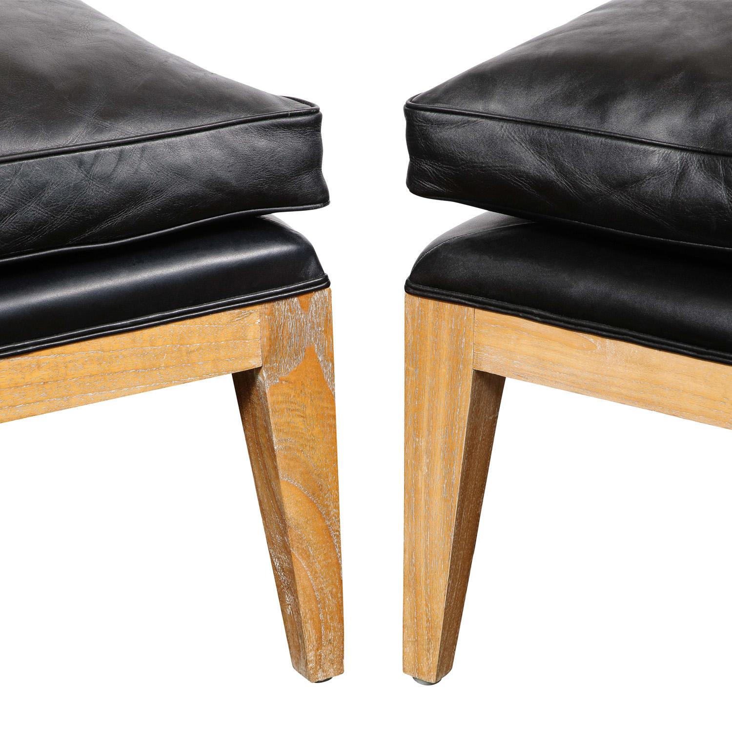 Hand-Crafted Chic French Pair of Cerused Oak Slipper Chairs with Black Leather 1960s