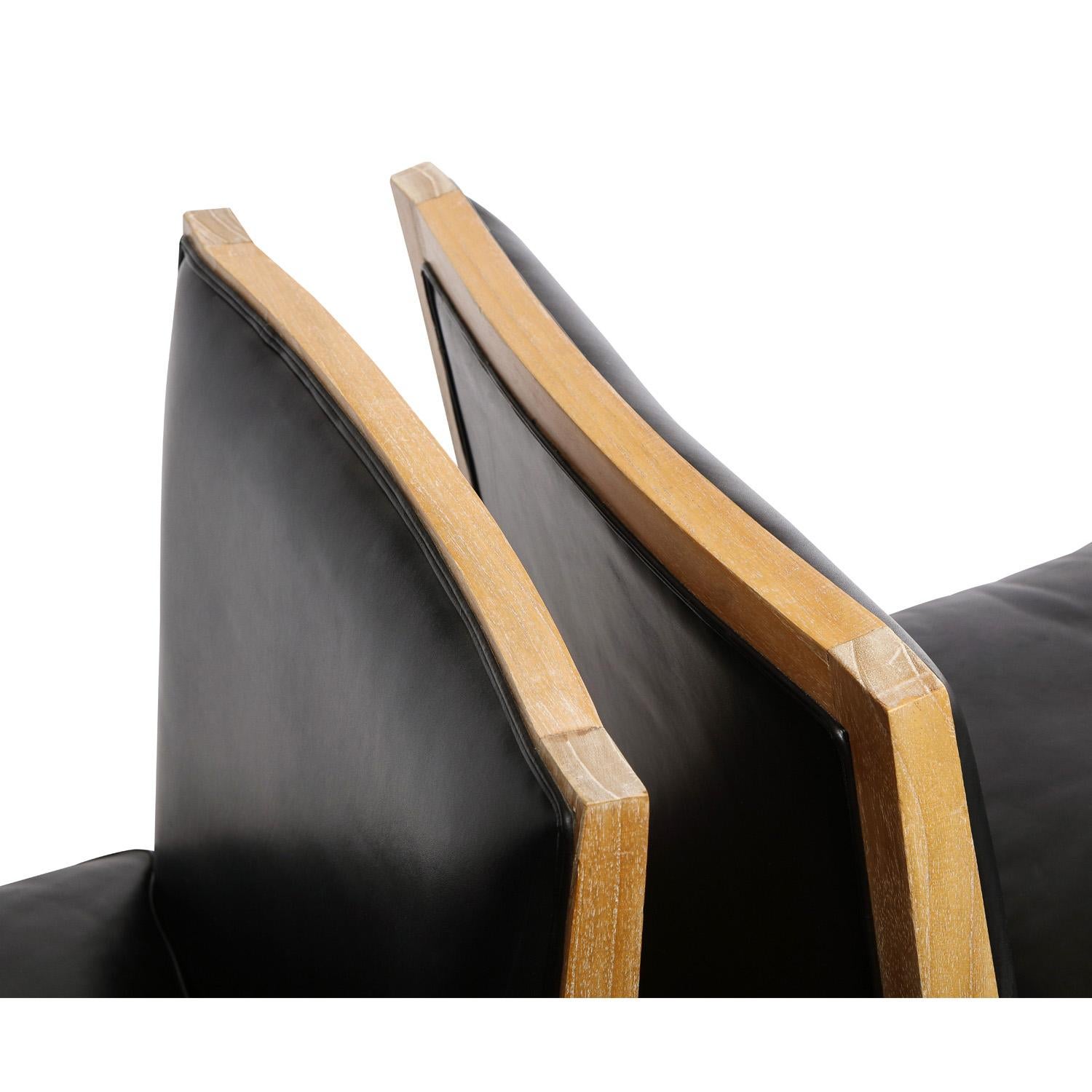Chic French Pair of Cerused Oak Slipper Chairs with Black Leather 1960s In Excellent Condition In New York, NY