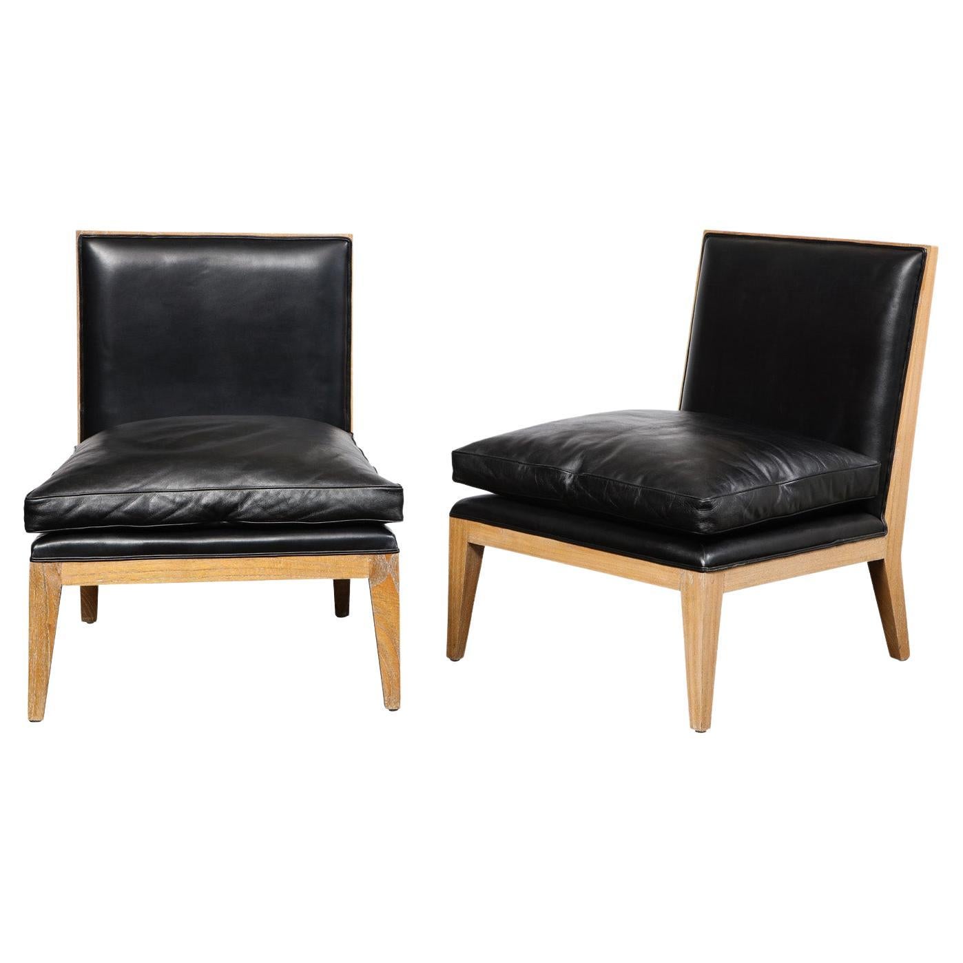Chic French Pair of Cerused Oak Slipper Chairs with Black Leather 1960s