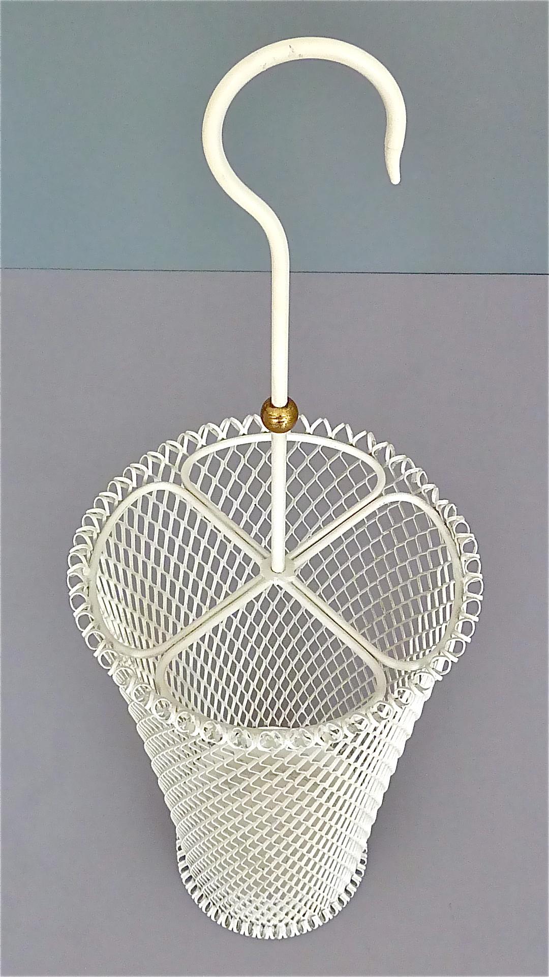 Chic French Umbrella Stand Matégot Biny Style White Enameled Metal Brass, 1950s For Sale 11