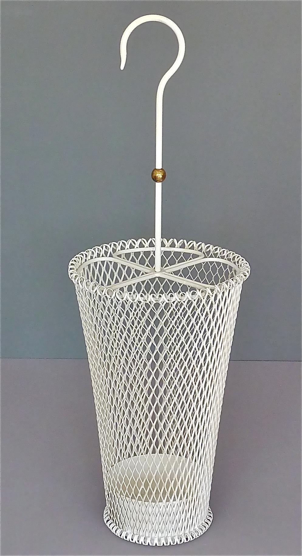 Chic French Umbrella Stand Matégot Biny Style White Enameled Metal Brass, 1950s For Sale 12