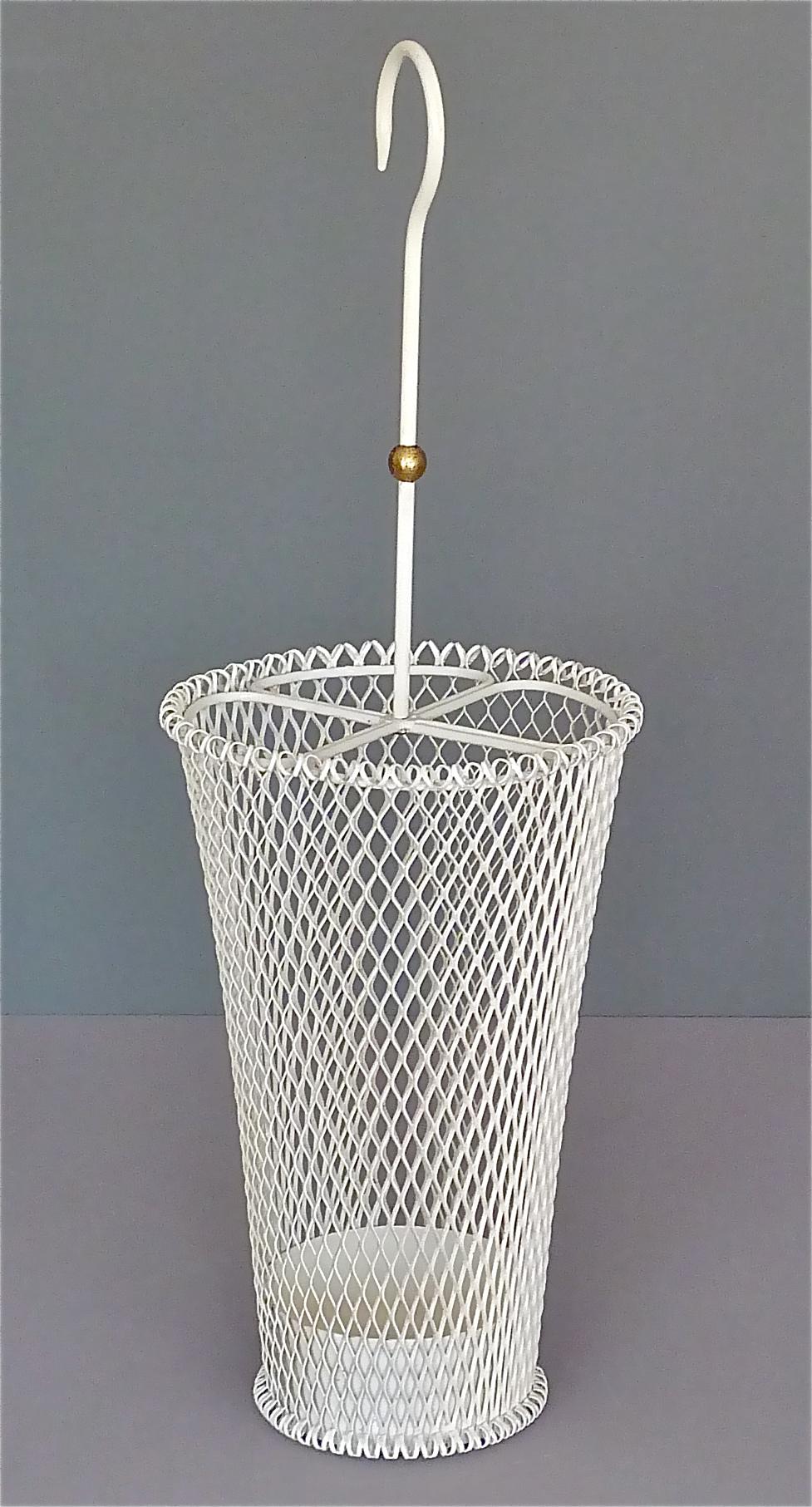 Chic French Umbrella Stand Matégot Biny Style White Enameled Metal Brass, 1950s For Sale 13