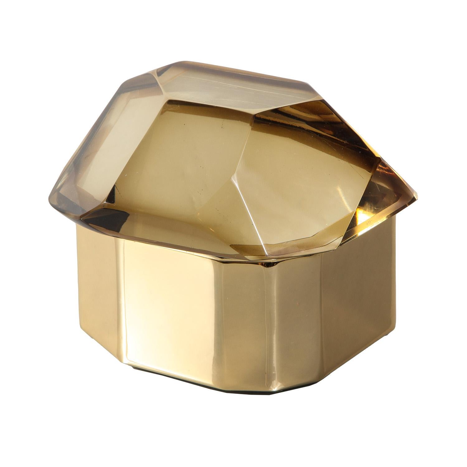 Murano gem cut art glass and brass lidded box with felt lining. Italy.