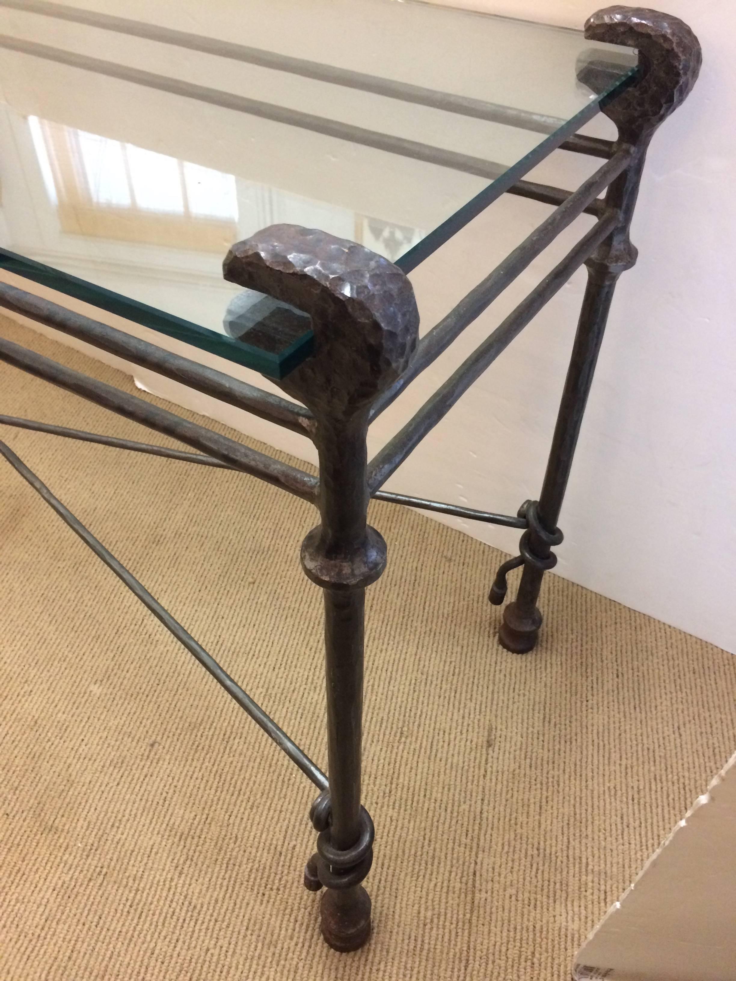 Mid-Century Modern Chic Giacometti Style Iron and Glass Console Table