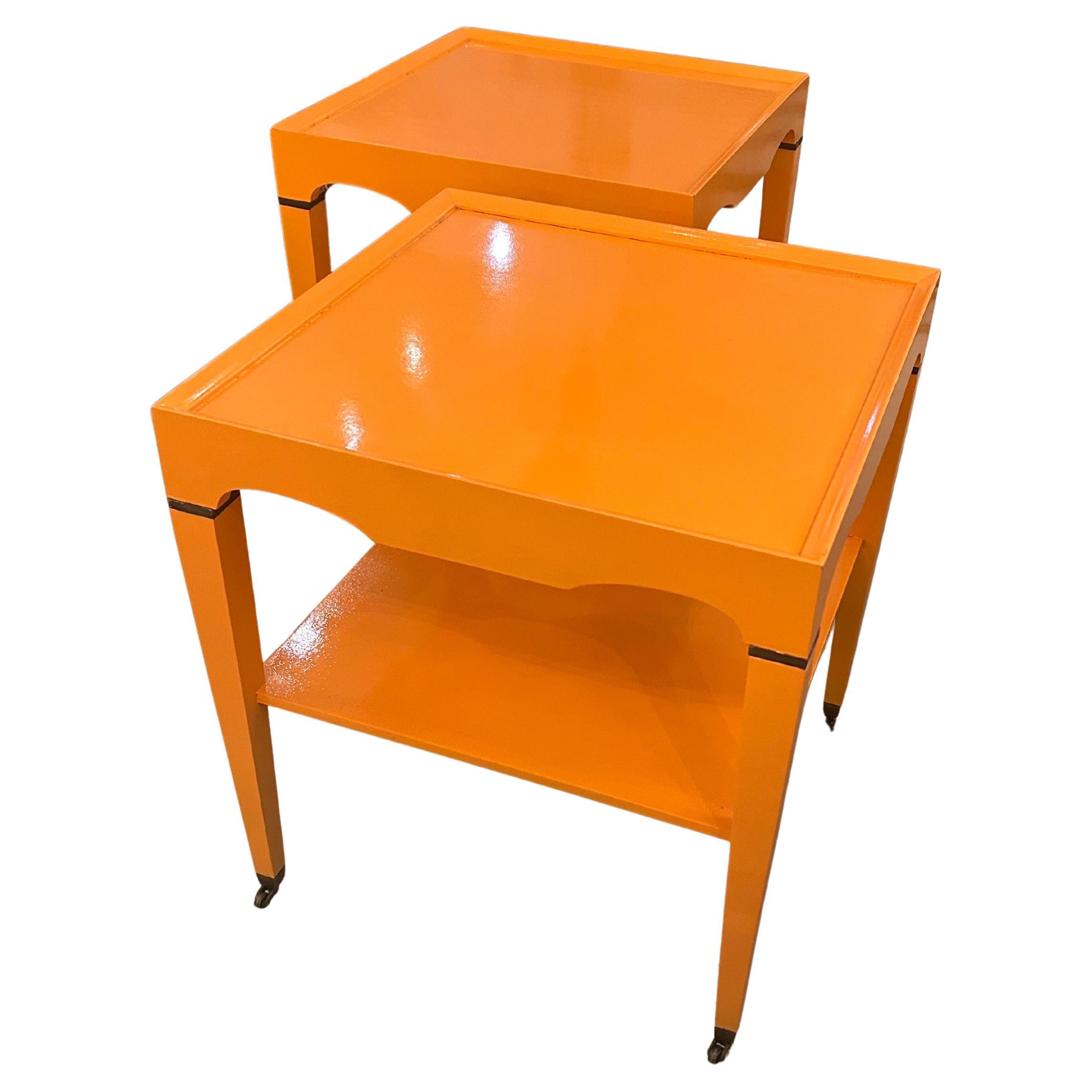 Chic Glossy Hermes Orange Square Two Tier End Tables
