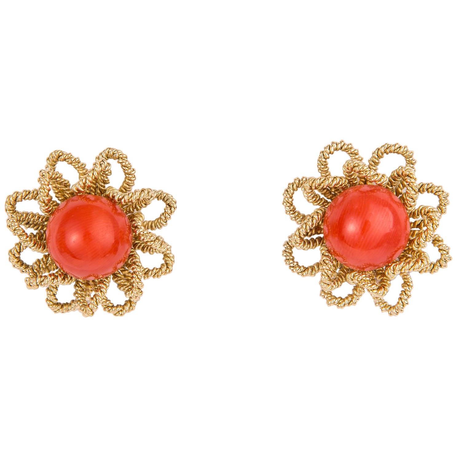 Chic Gold and Coral Flower Motif Earrings