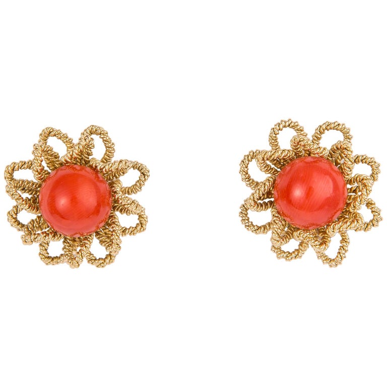 Chic Gold and Coral Flower Motif Earrings For Sale