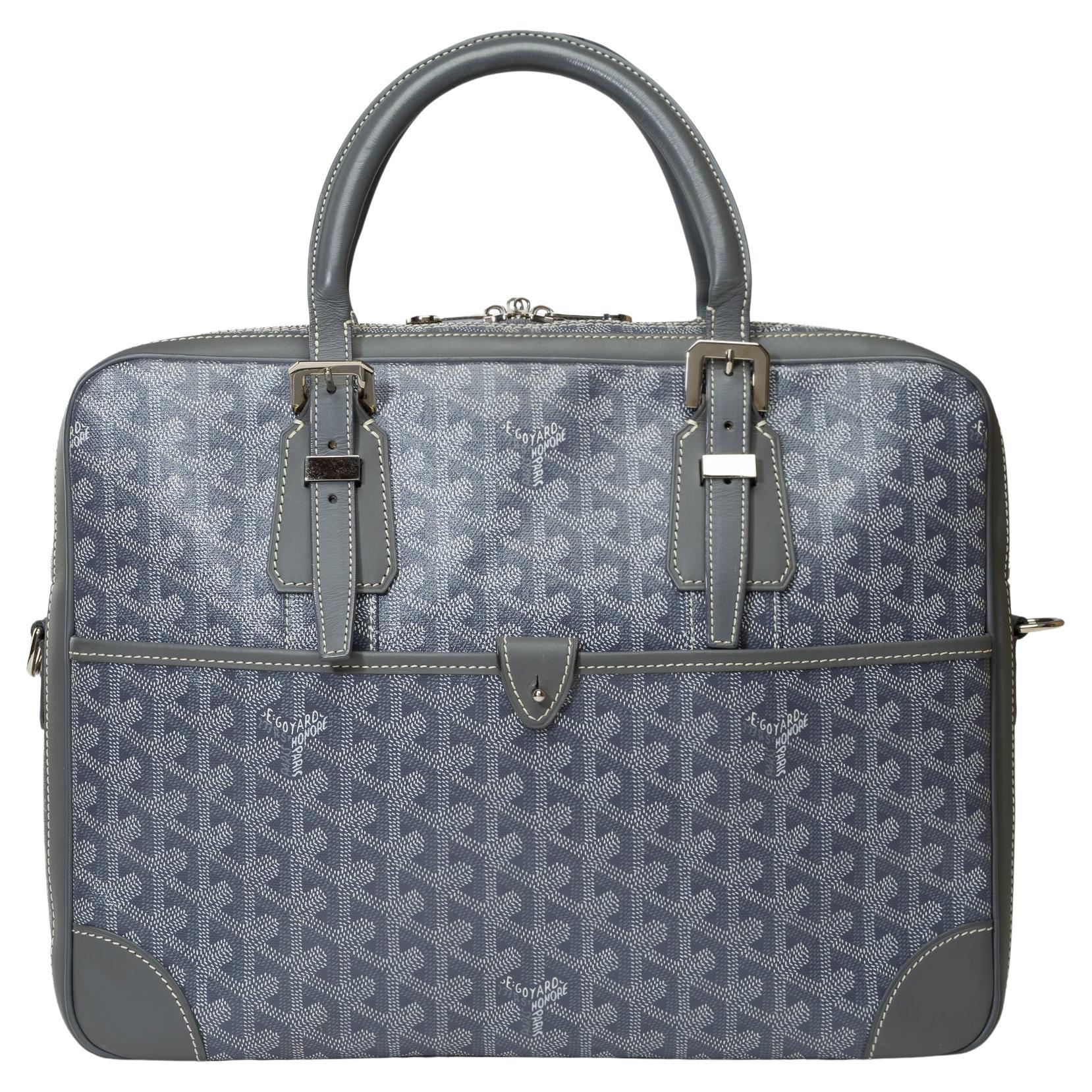 Chic Goyard Ambassade PM briefcase in Grey Goyardine canvas and leather, SHW For Sale