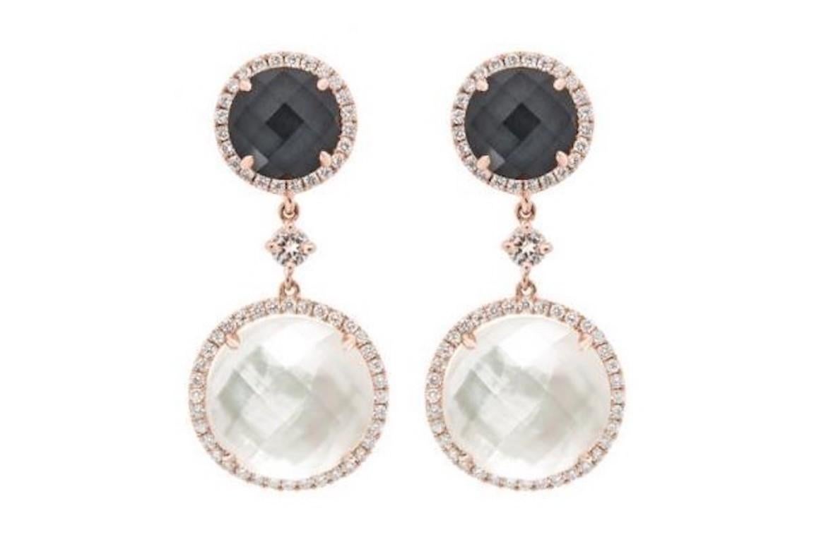 Modern Chic Hematite Mother of Pearl Diamond Rose Gold Dangle Earrings For Sale