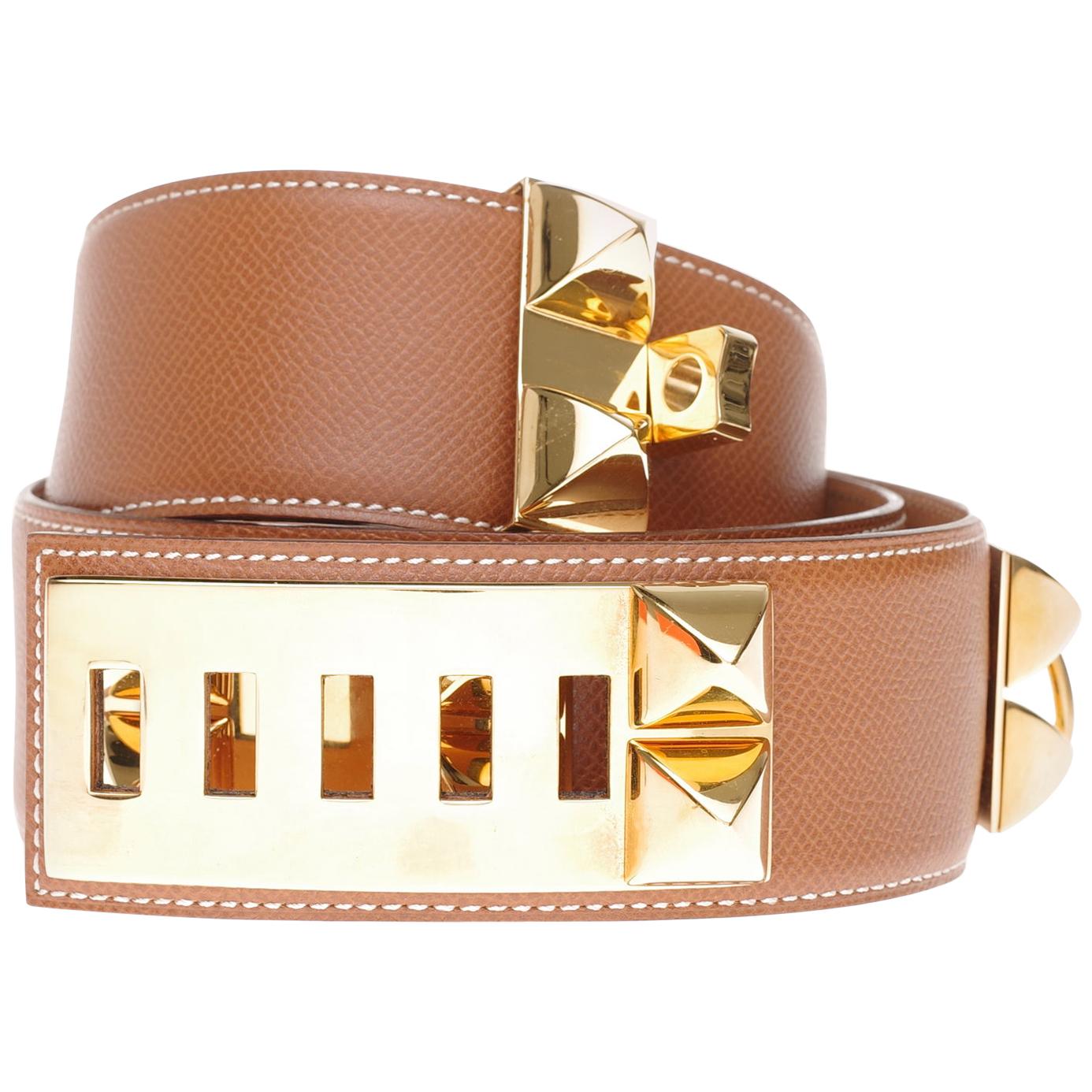 Chic Hermès belt "Collier de chien" Médor in gold epsom leather, gold hardware
