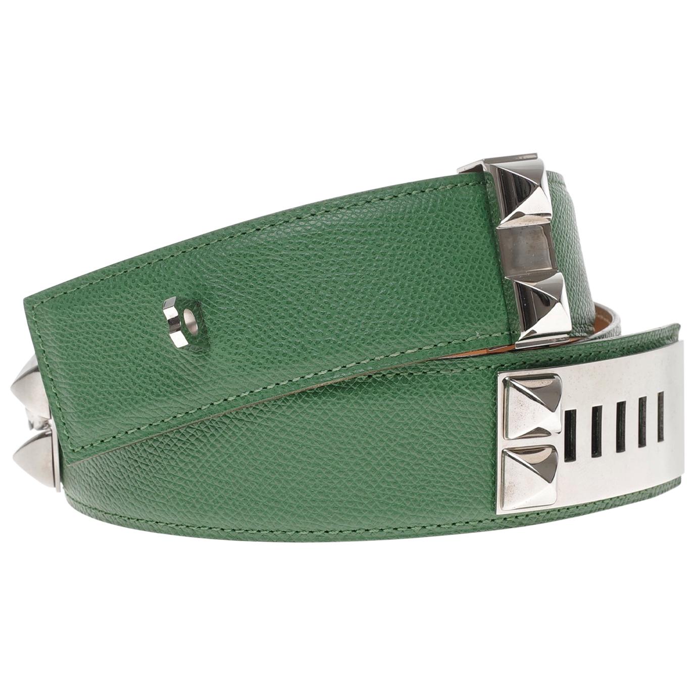 Chic Hermès belt "Collier de chien" Médor in green epsom leather, silver hardware