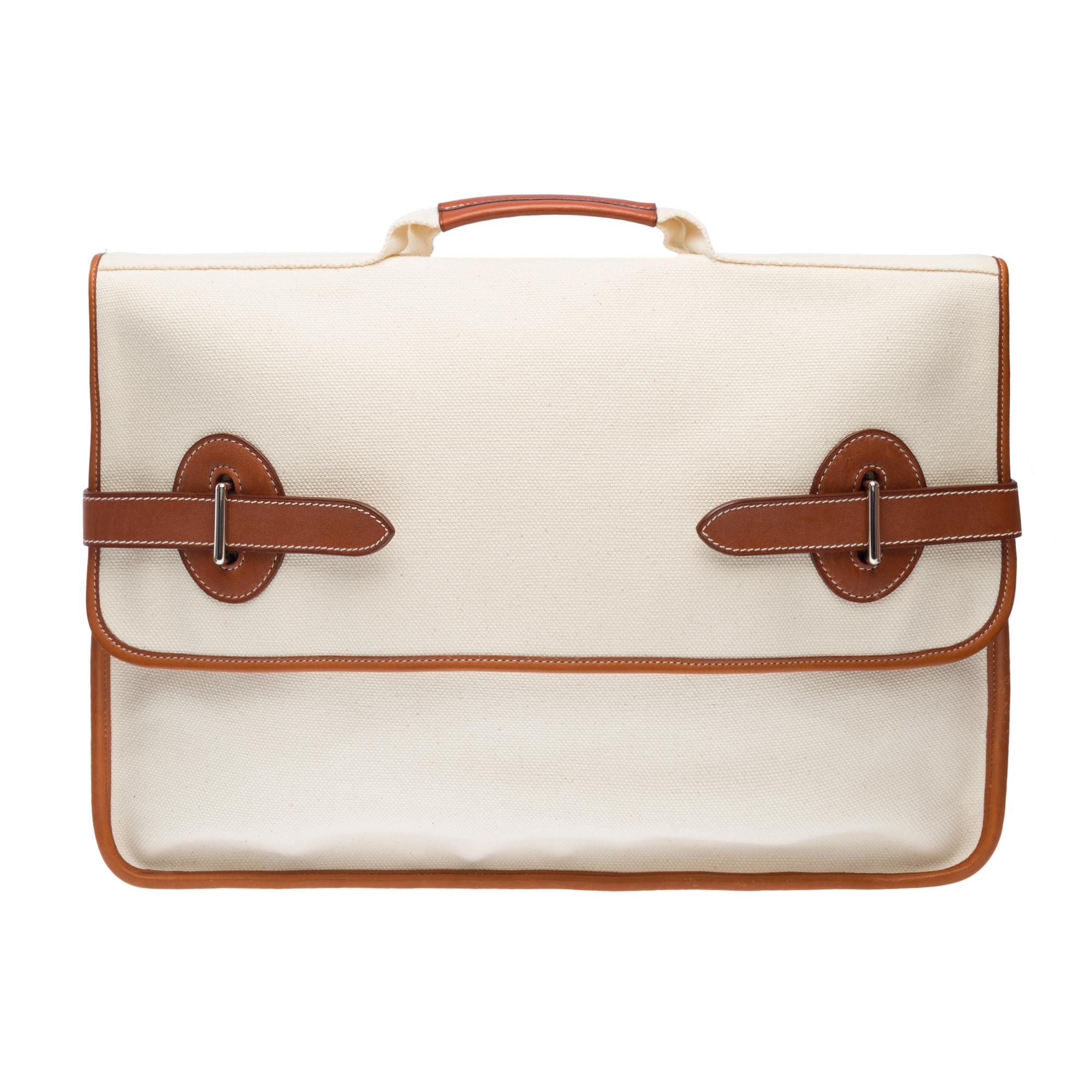 Men's Chic Hermès Buenaventura briefcase in beige canvas and gold barenia leather, SHW