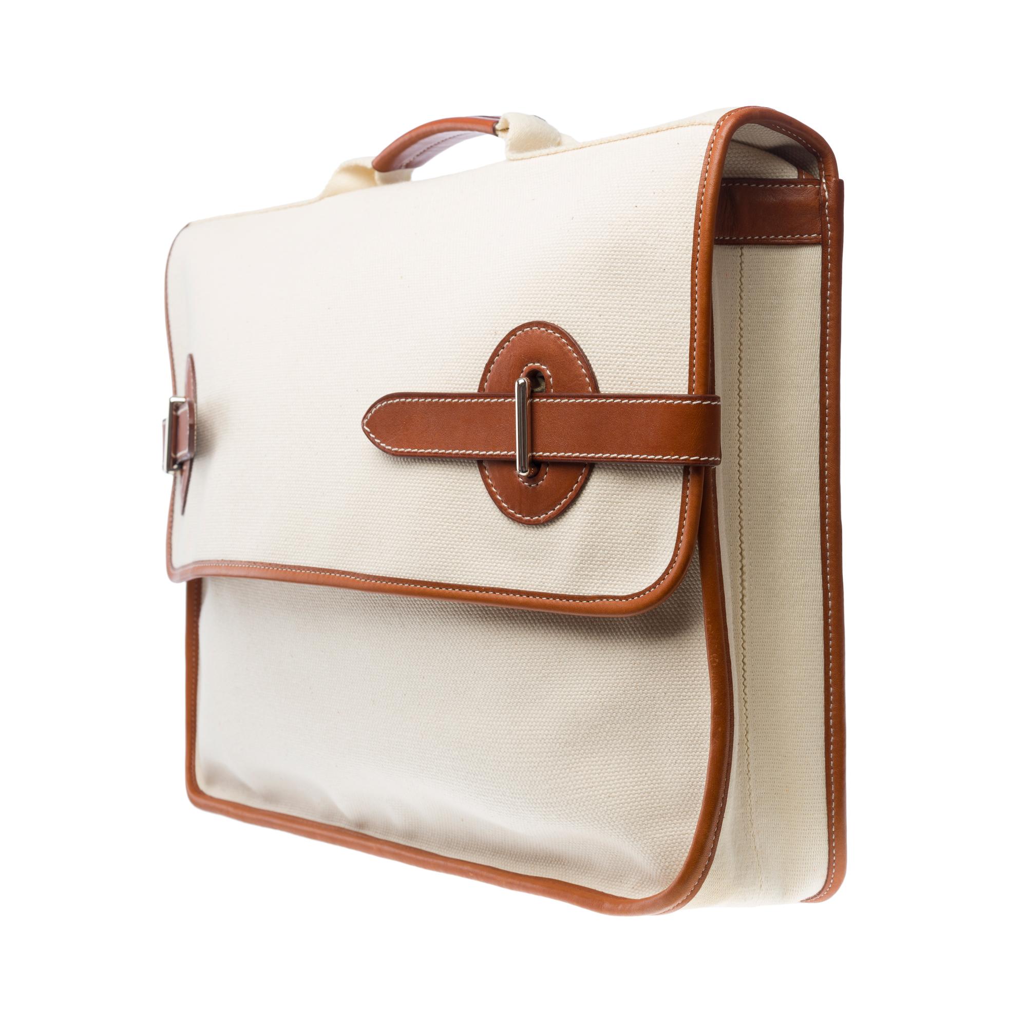 Chic Hermès Buenaventura briefcase in beige canvas and gold barenia leather, SHW For Sale 2