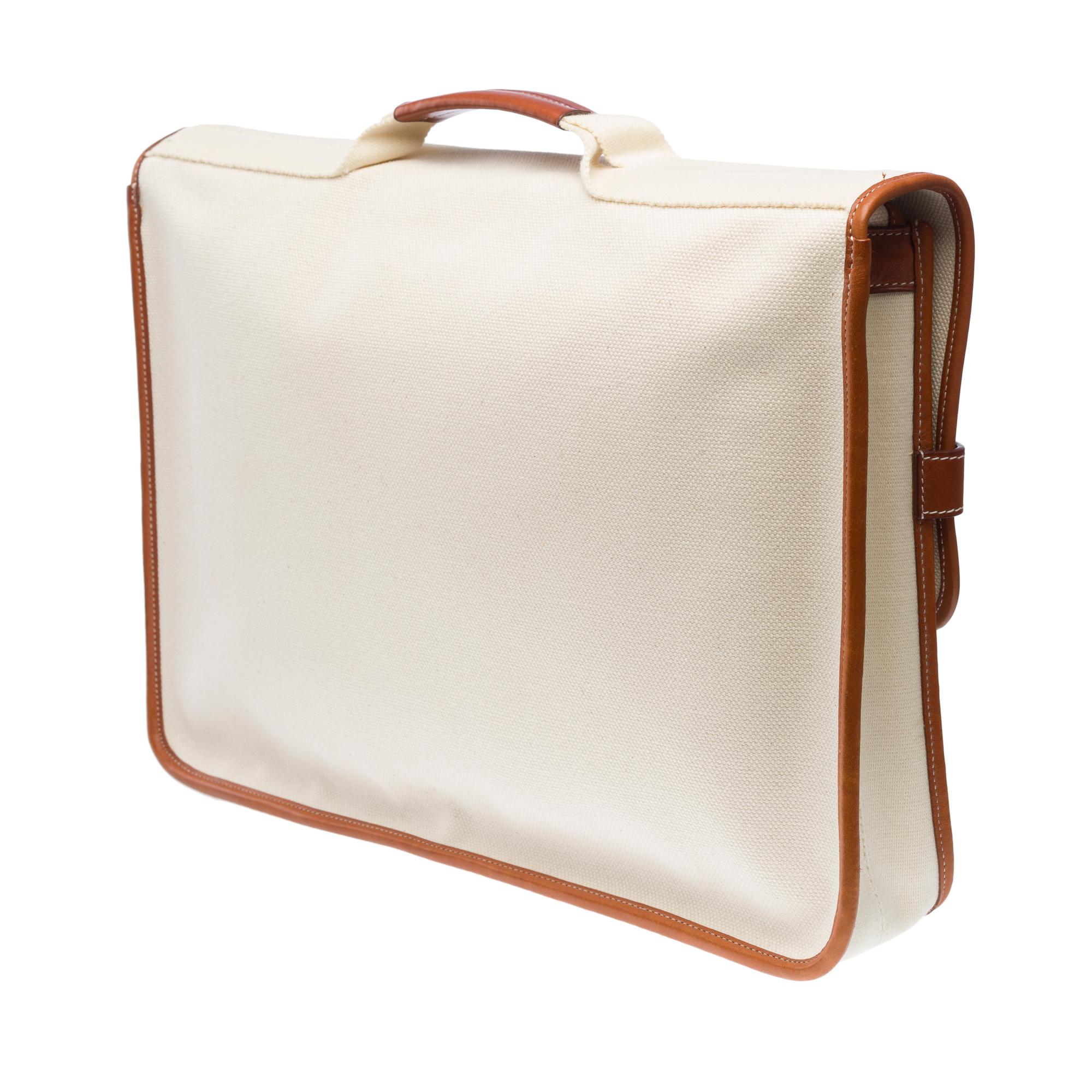 Porte-documents chic Hermès Buenaventura en toile beige et cuir barénia or, SHW en vente 3