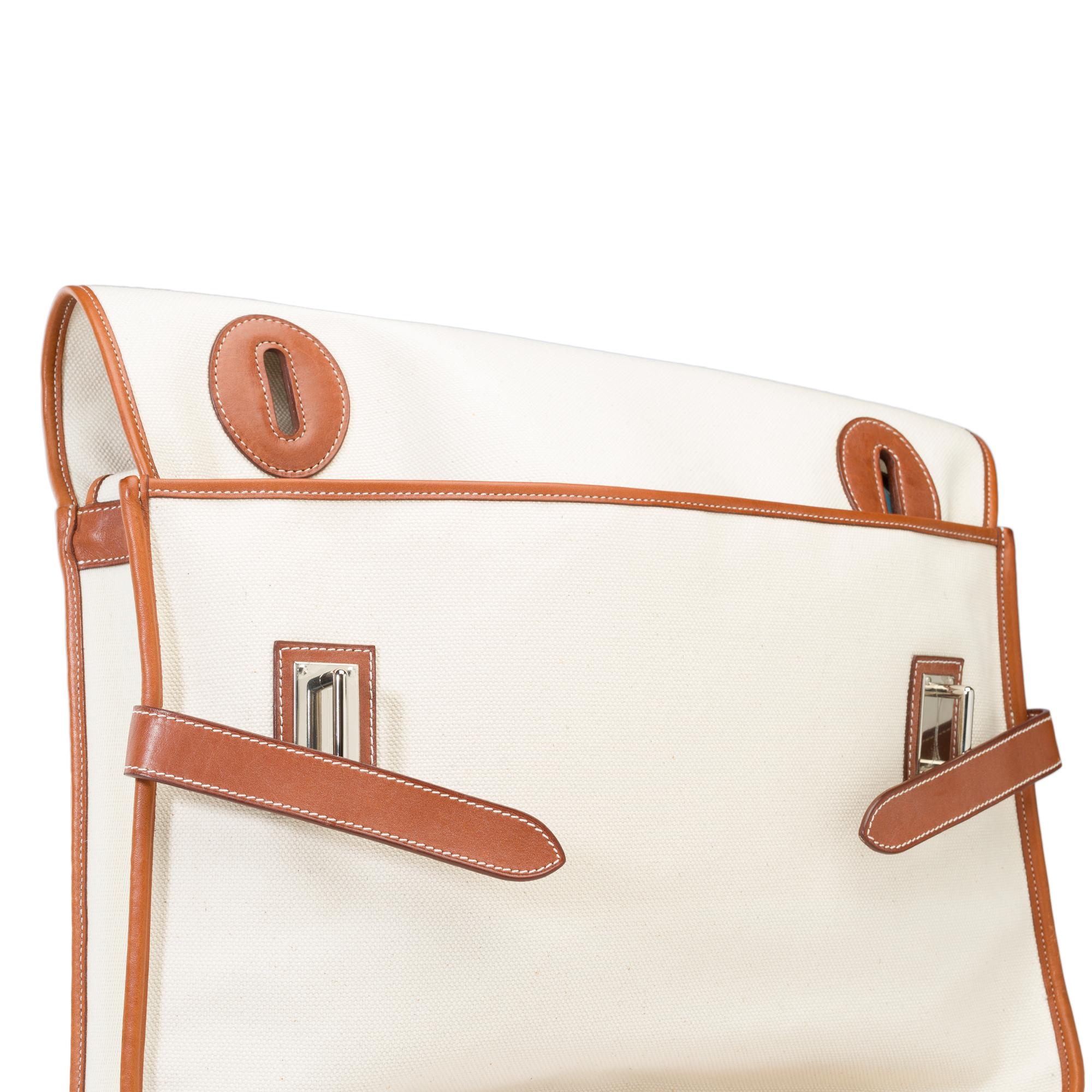 Porte-documents chic Hermès Buenaventura en toile beige et cuir barénia or, SHW en vente 4