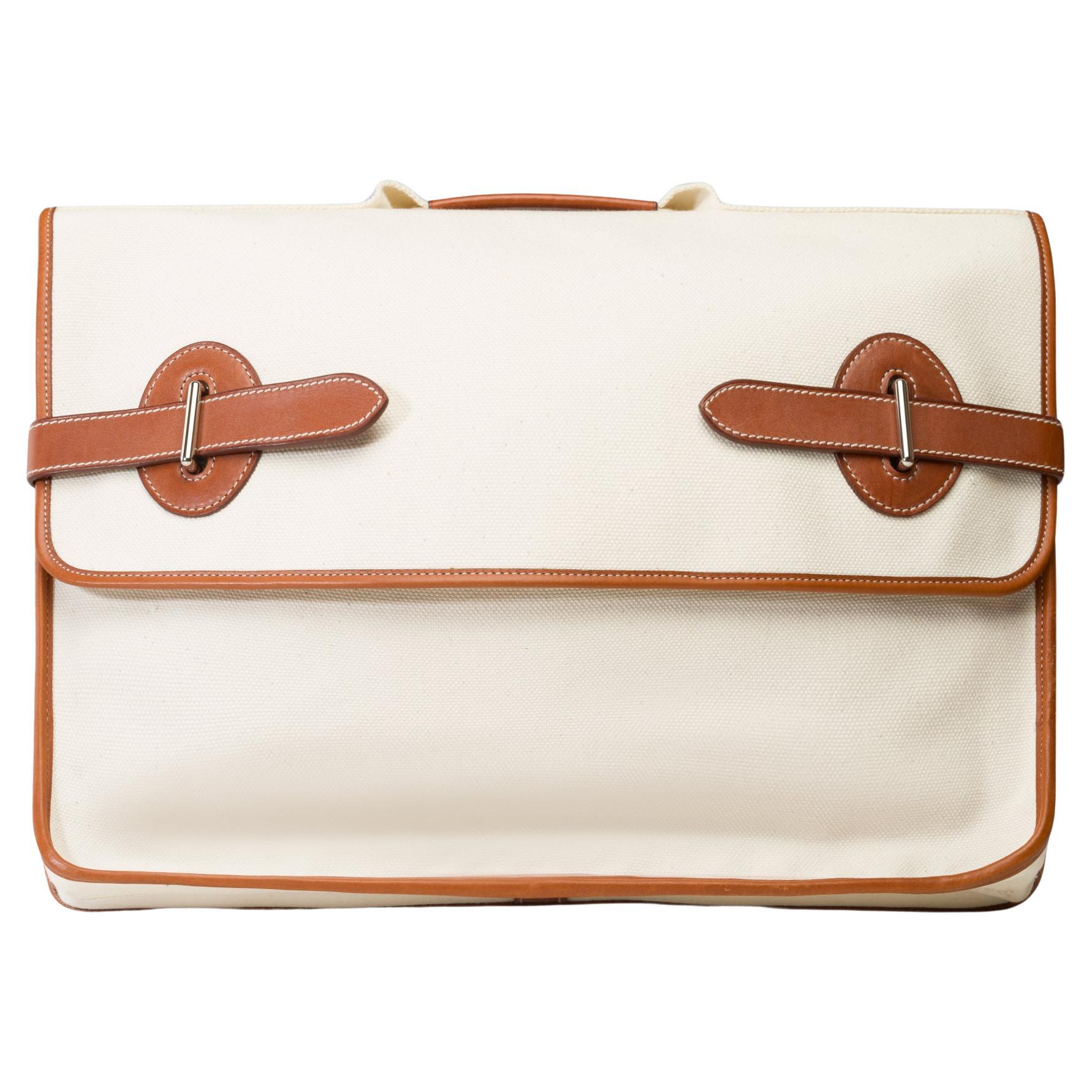 Chic Hermès Buenaventura briefcase in beige canvas and gold barenia leather, SHW For Sale