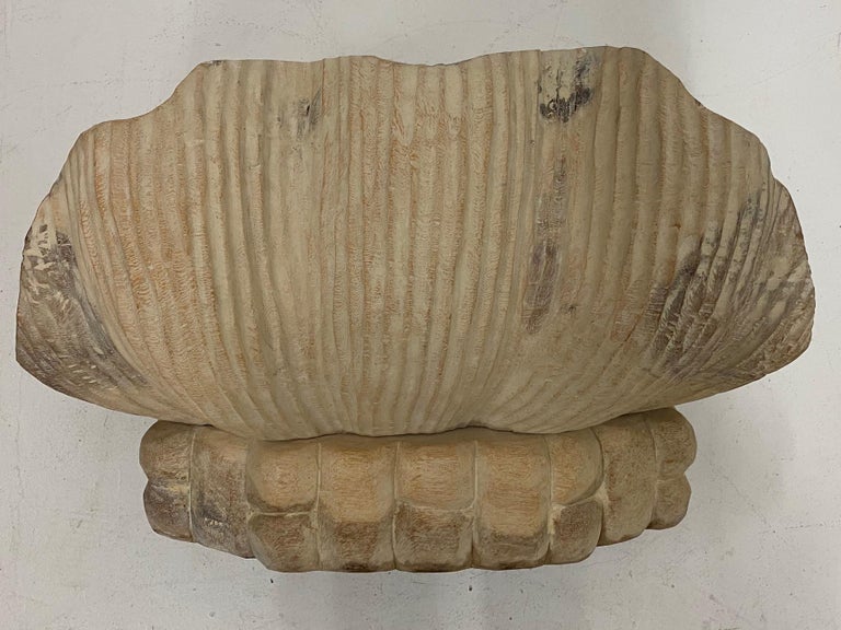 Chic Italian Carved Wood Shell Base Coffee Table with Round Glass Top ...