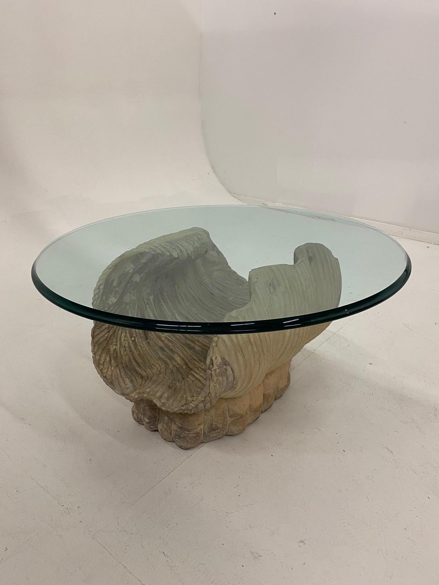 Italian 1960s hand carved wood that looks like a monumental shell having a natural faux finish.
Glass is substantial, 5/8
