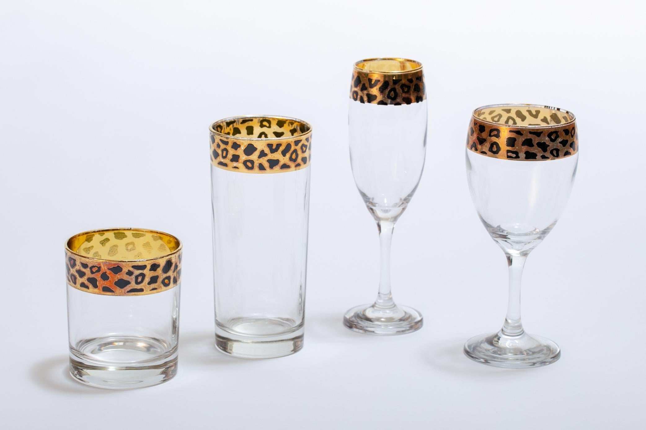 Chic Italian Cocktail Glassware Set with Leopard on Gold Decoration  In Good Condition In Saint Louis, MO