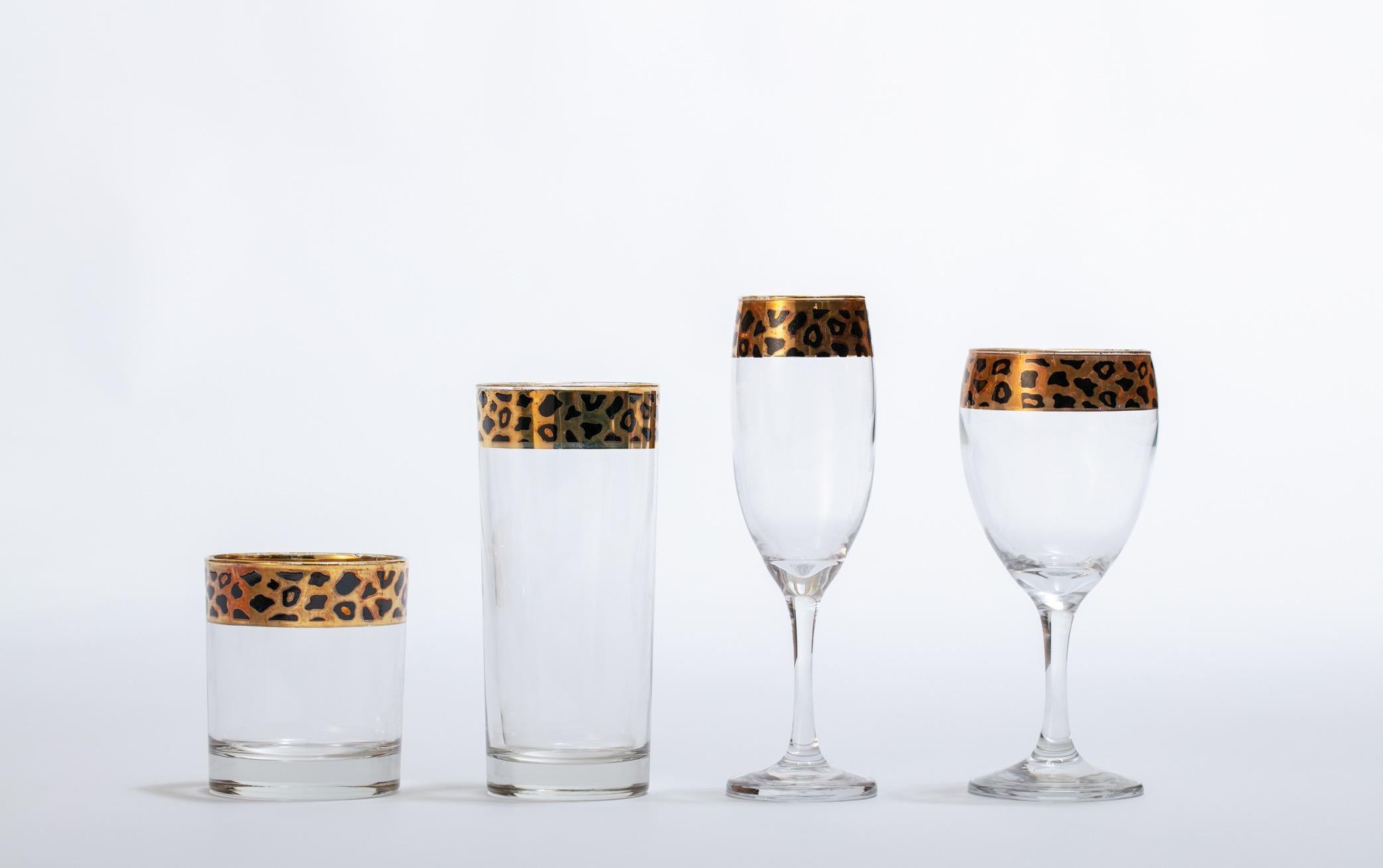 20th Century Chic Italian Cocktail Glassware Set with Leopard on Gold Decoration 