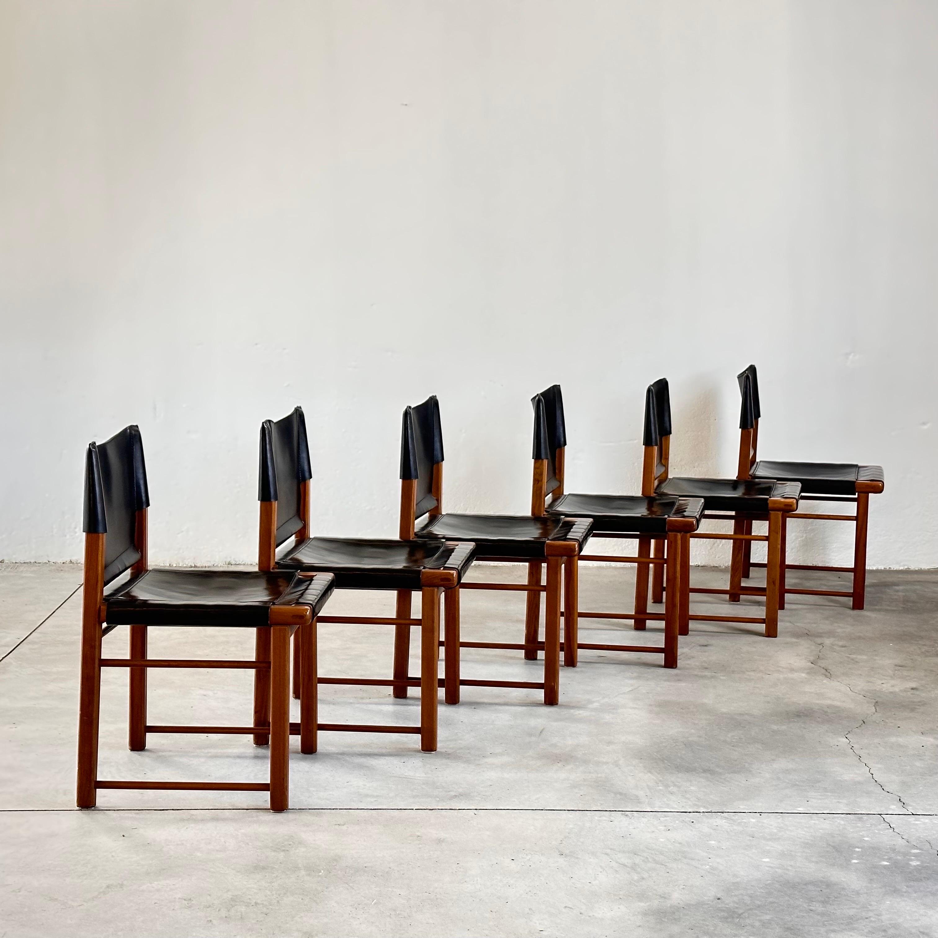 Late 20th Century Chic Italian Elegance: Set of Six Walnut and Black Leather Dining Chairs, 1970s