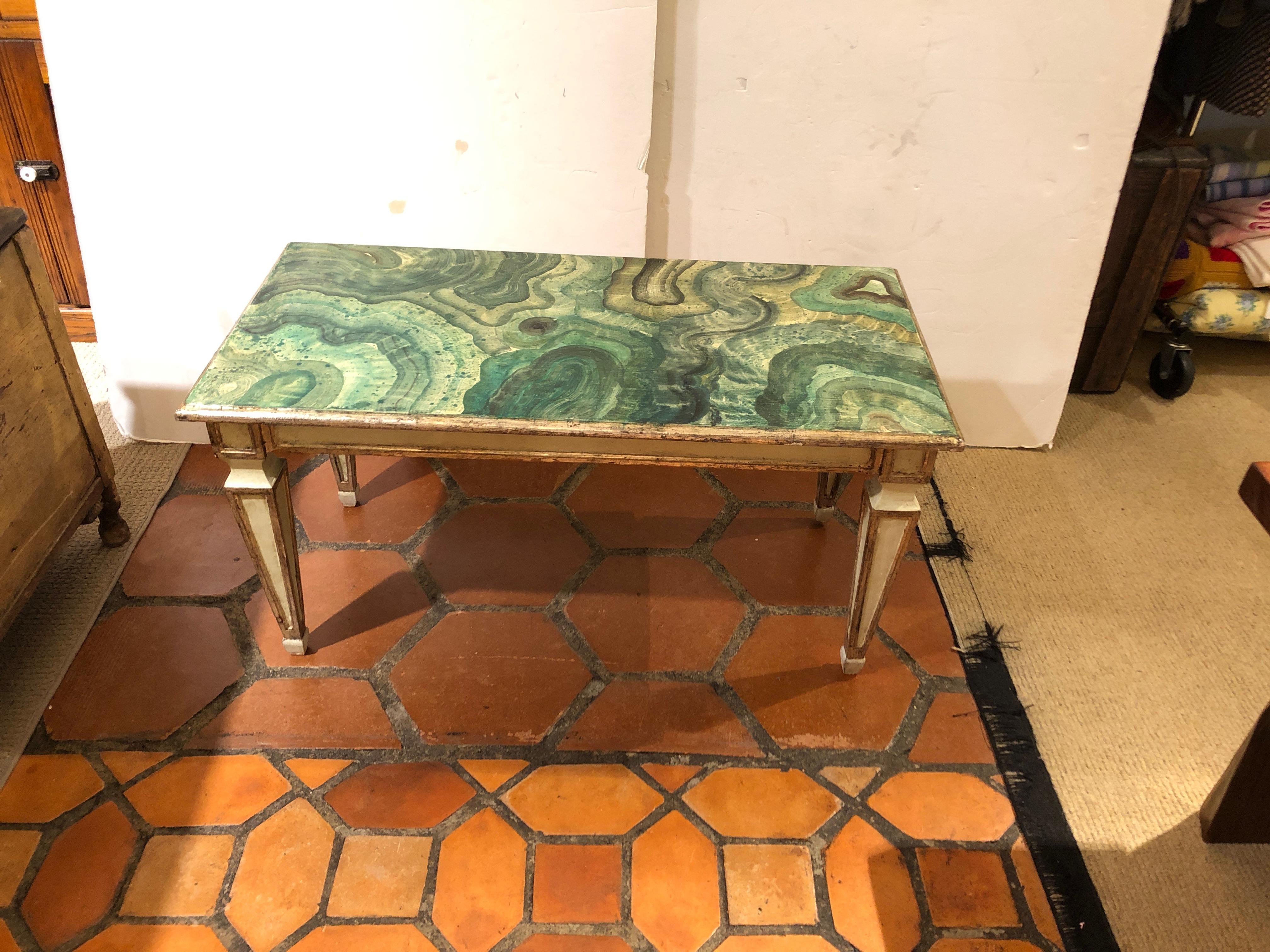 Chic rectangular Italian vintage coffee table hand-painted with a striking green faux malachite top, and grey with silver gilt detailing on the base.