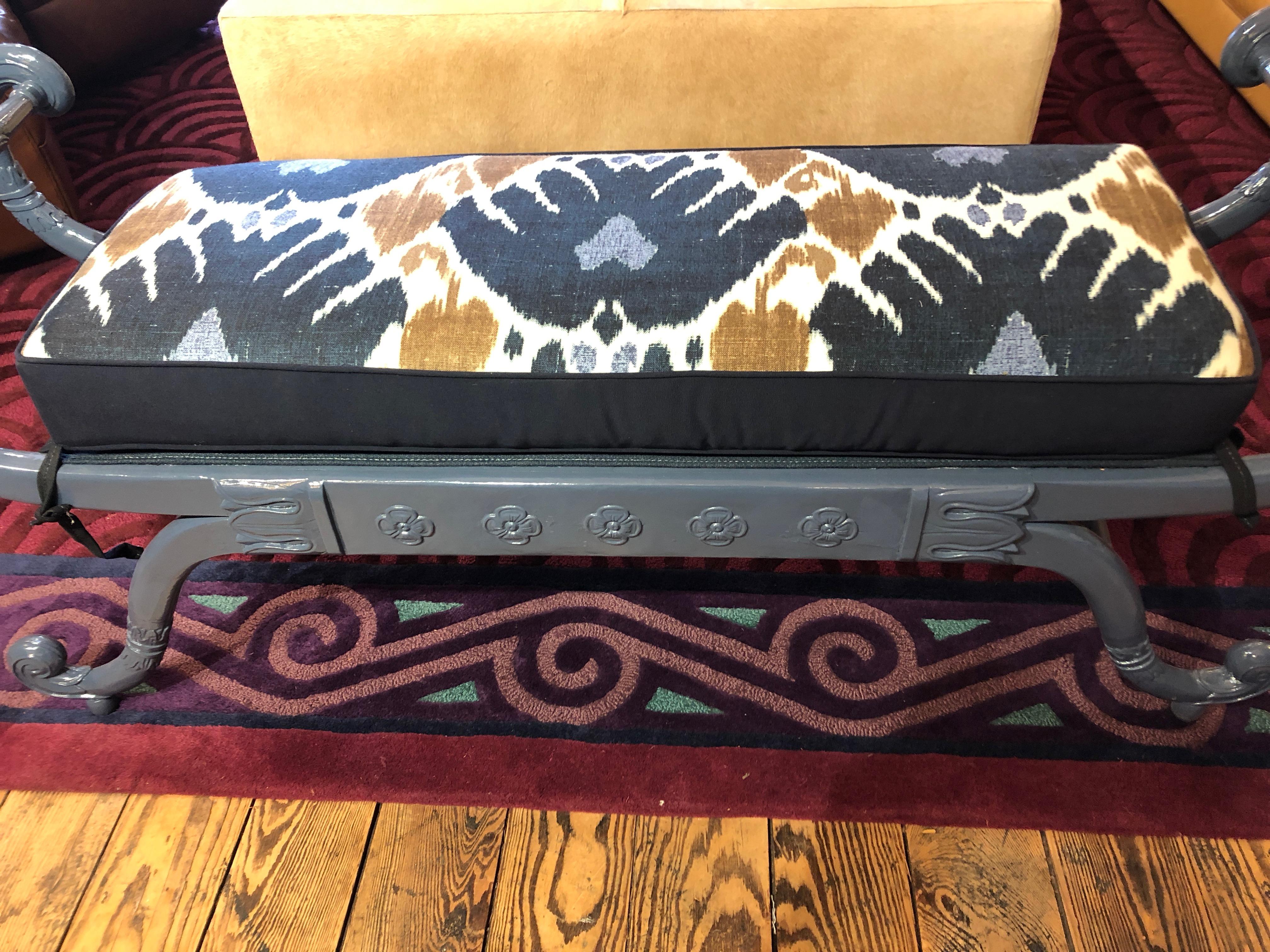 Chic Lacquered Scrolly Bench with Custom Reversible Ikat Cushion In Excellent Condition In Hopewell, NJ
