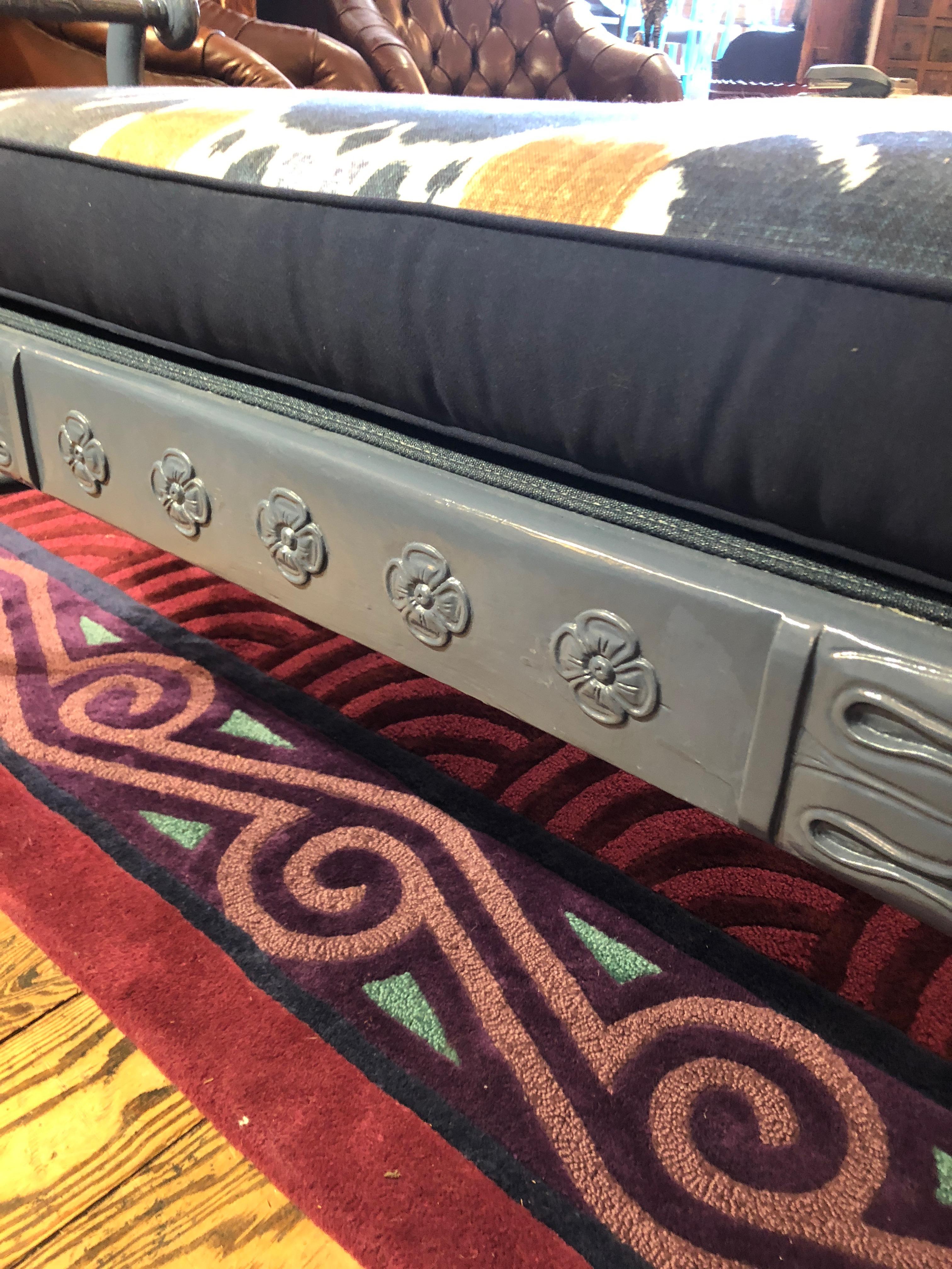 Late 20th Century Chic Lacquered Scrolly Bench with Custom Reversible Ikat Cushion