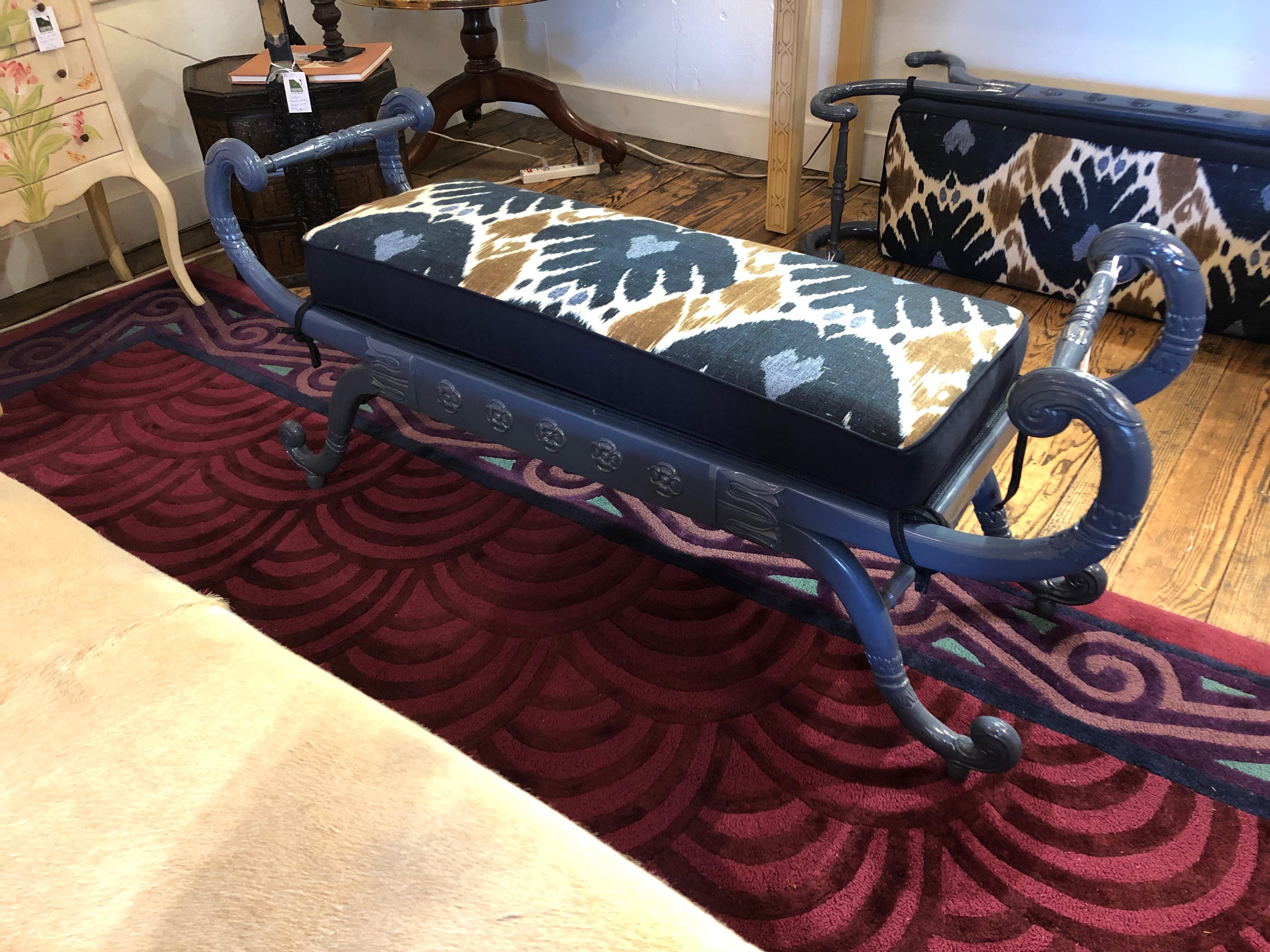 Wood Chic Lacquered Scrolly Bench with Custom Reversible Ikat Cushion