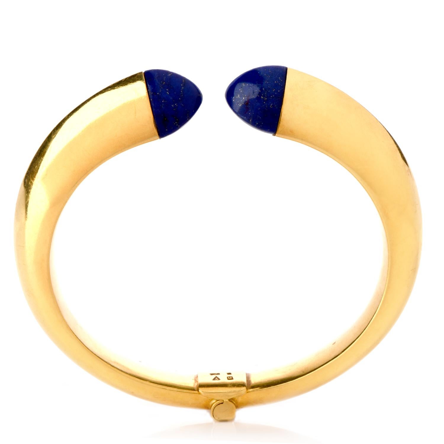 Sugarloaf Cabochon Chic Lapis Lazuli 18 Karat Yellow Gold Chic Cuff Bangle Bracelet