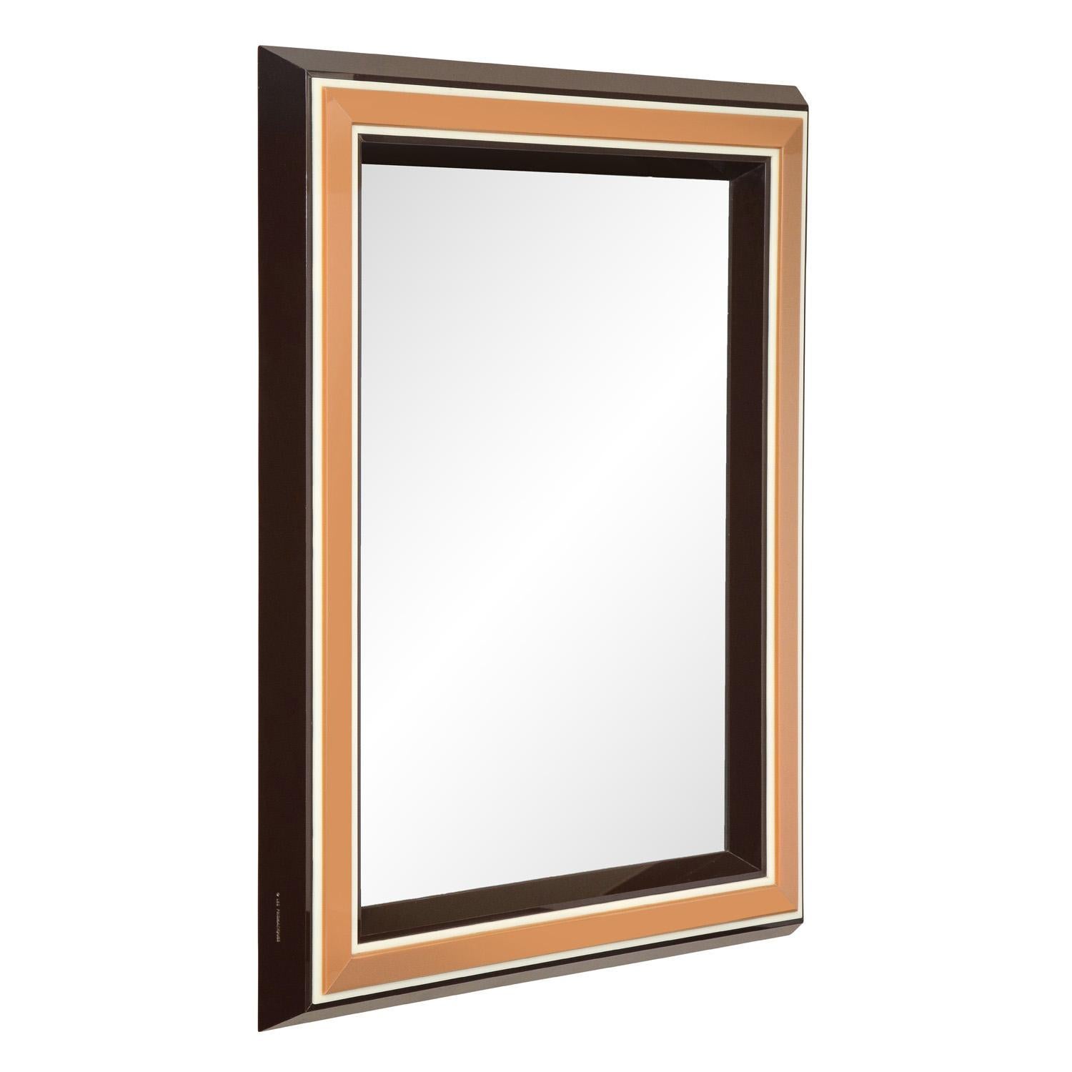 Chic wall hanging mirror with frame in molded brown, white and tan solid lucite by Les Prismatiques, American 1970's (signed “Les Prismatiques” on side). The color combination is super stylish and it’s beautifully made.