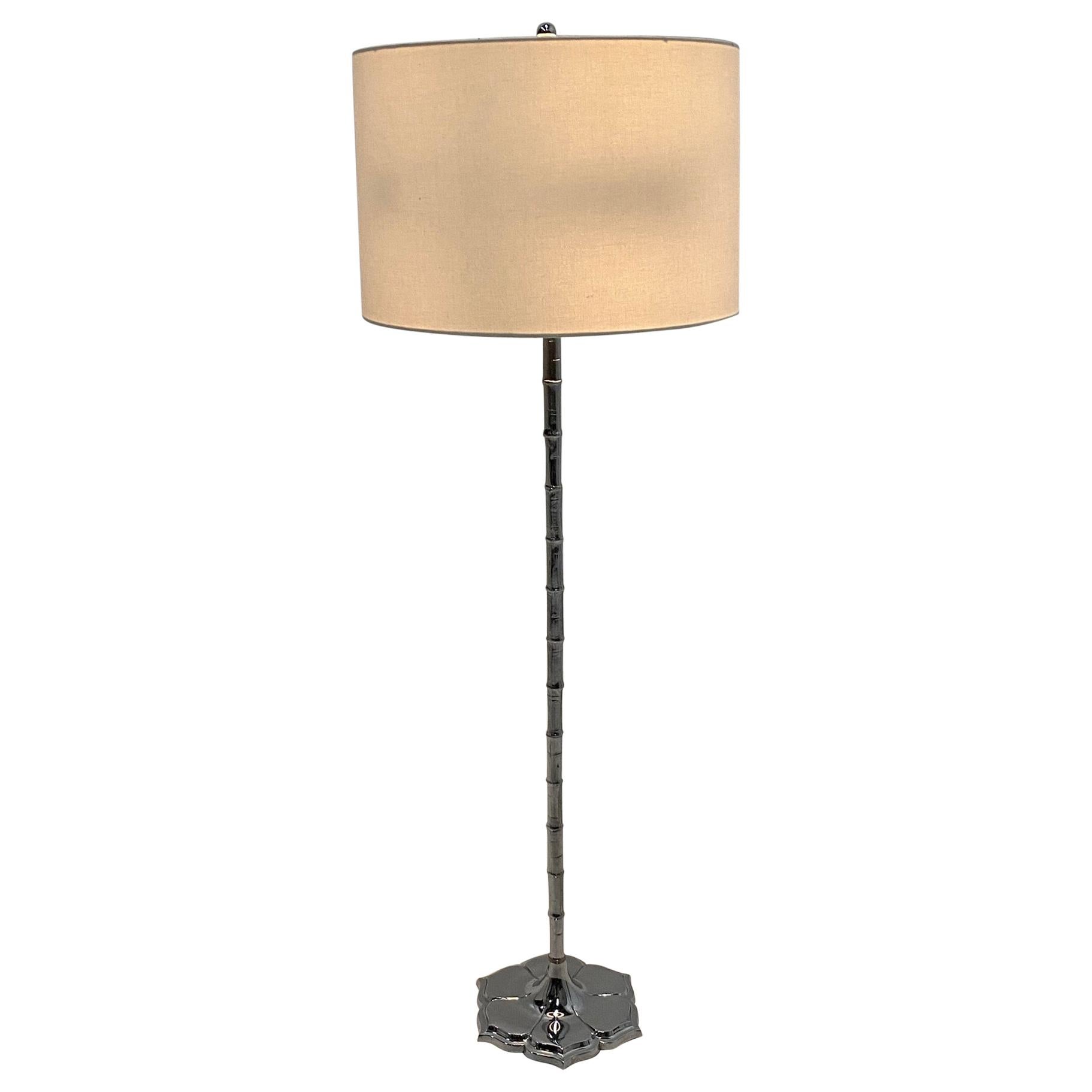 Chic Mid-Century Modern Chrome Faux Bamboo Floor Lamp For Sale
