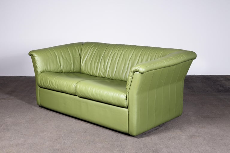 Chic MidCentury Modern Green Leather Sofa / Loveseat by De Sede For