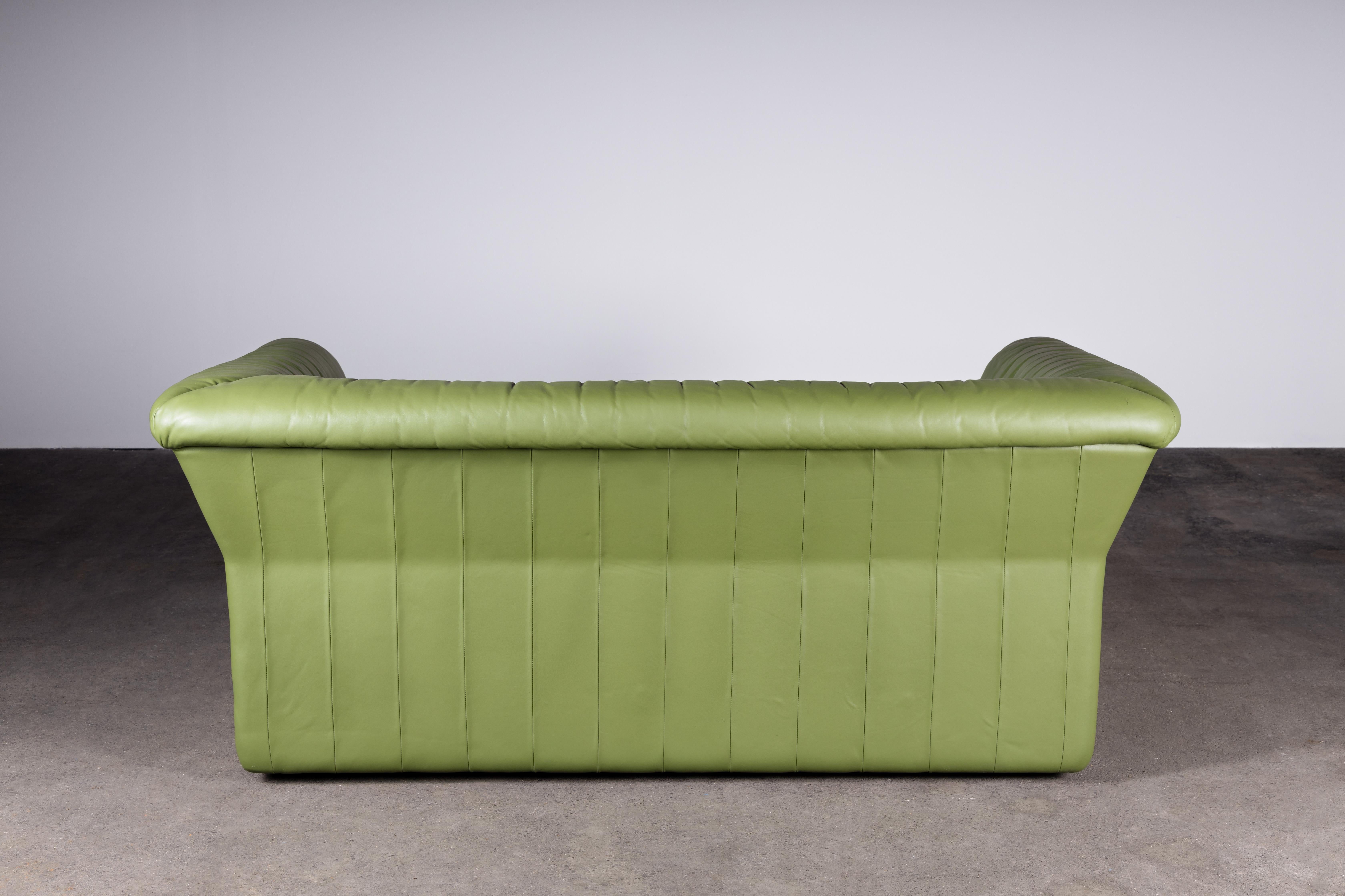 Swiss Chic Mid-Century Modern Green Leather Sofa / Loveseat by De Sede For Sale