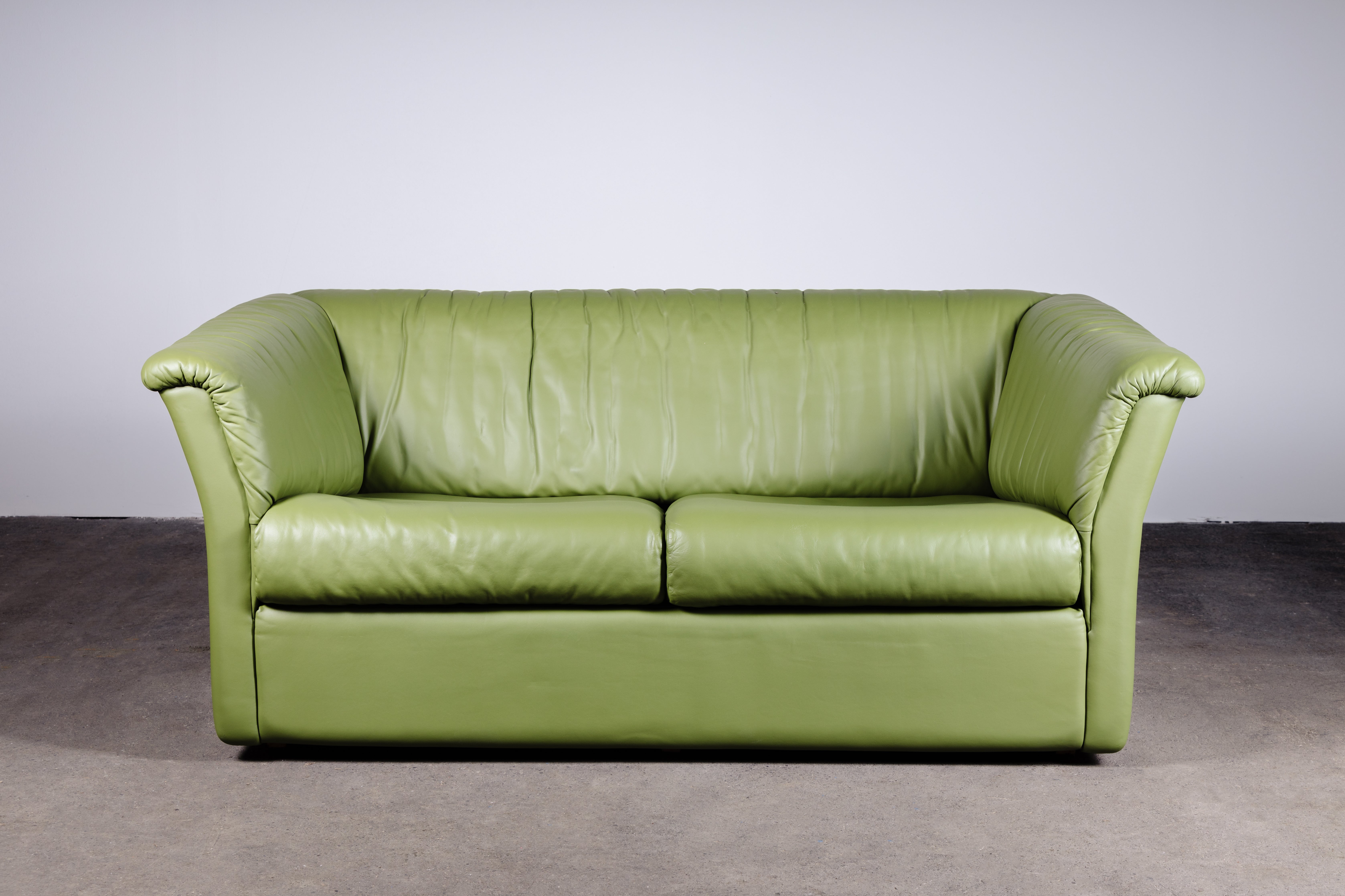 Chic Mid-Century Modern Green Leather Sofa / Loveseat by De Sede