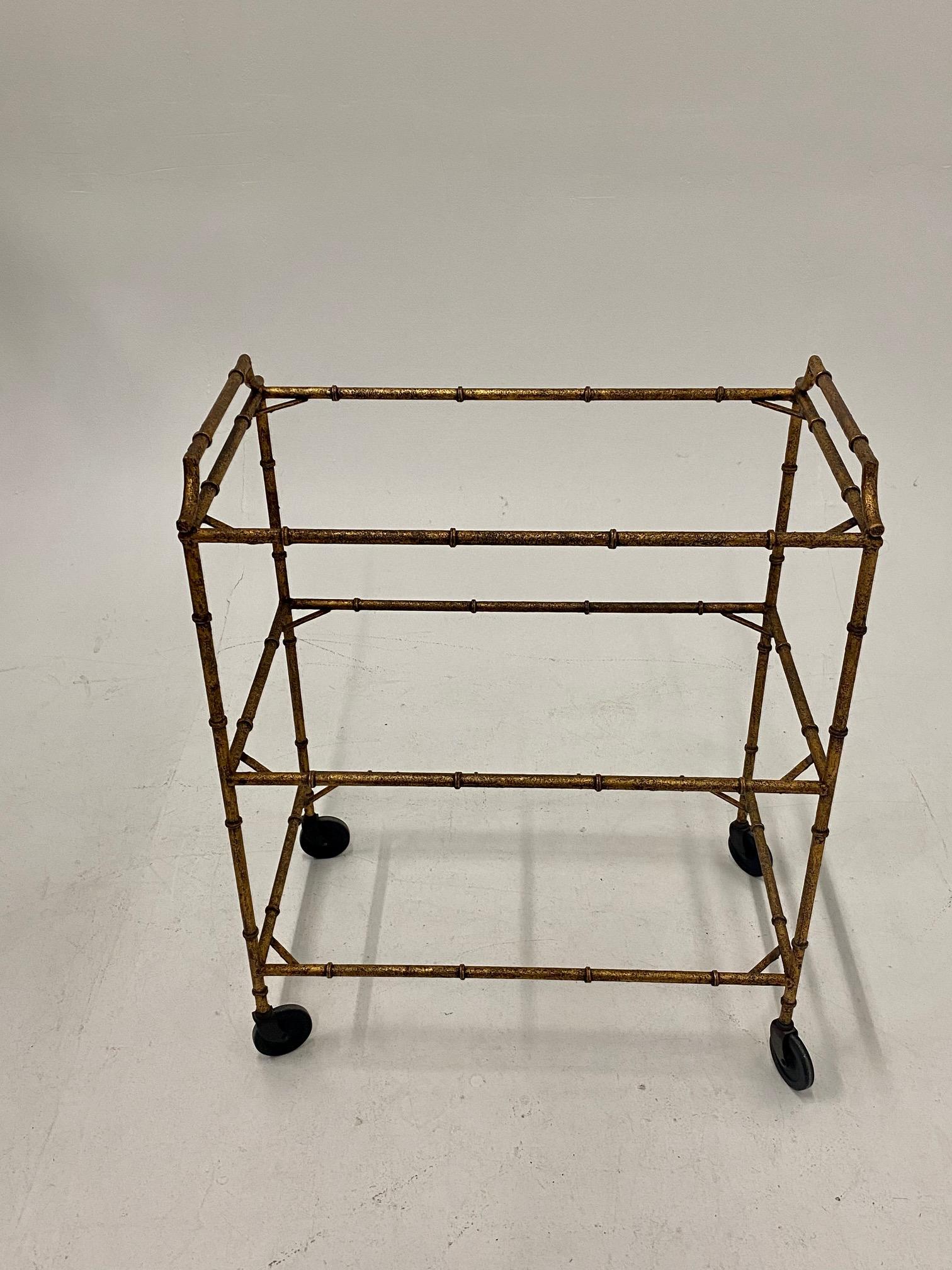 North American Chic Mid-Century Modern Hammered & Gilt Iron Faux Bamboo Bar Cart