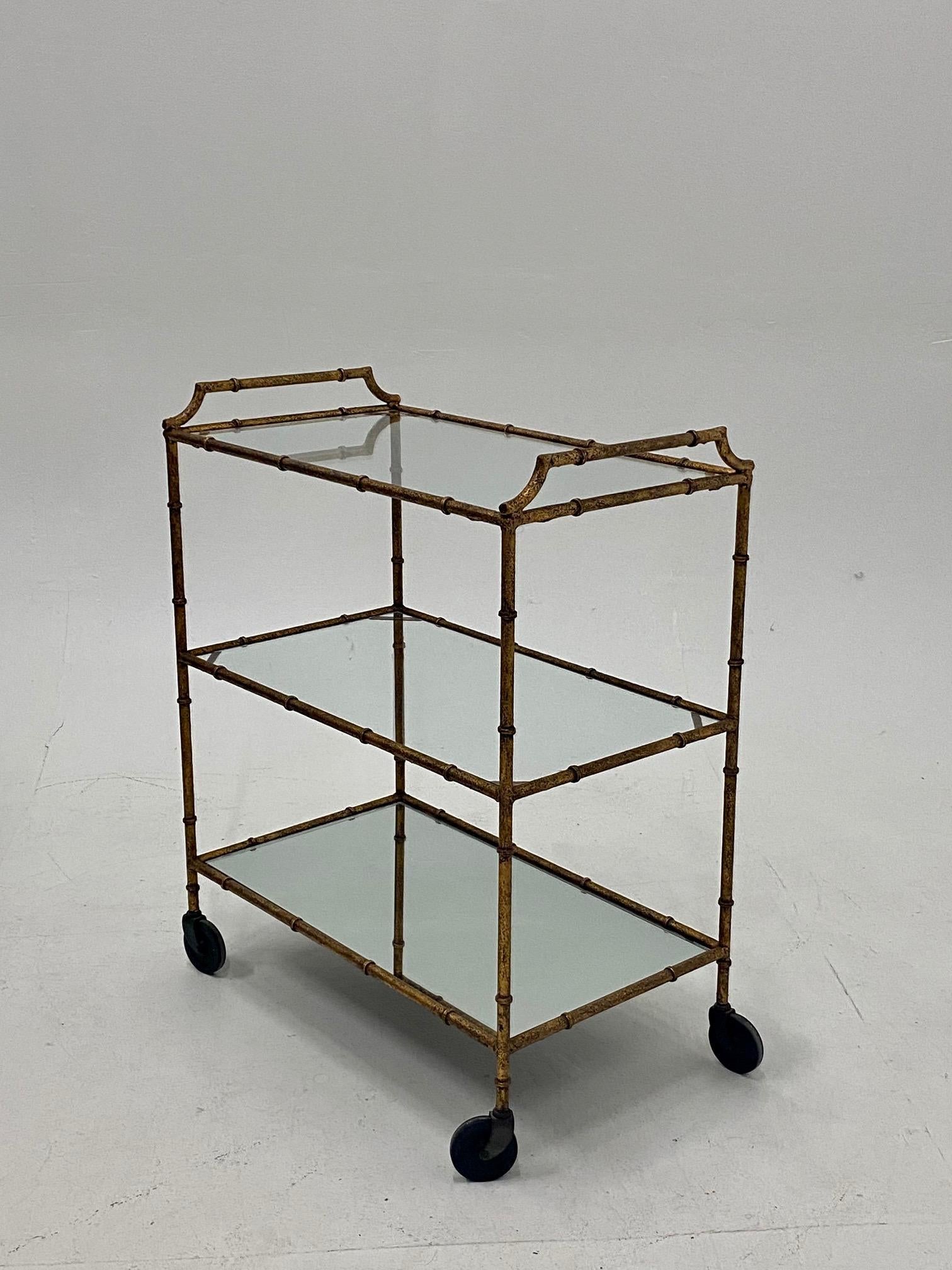 Chic Mid-Century Modern Hammered & Gilt Iron Faux Bamboo Bar Cart In Good Condition In Hopewell, NJ