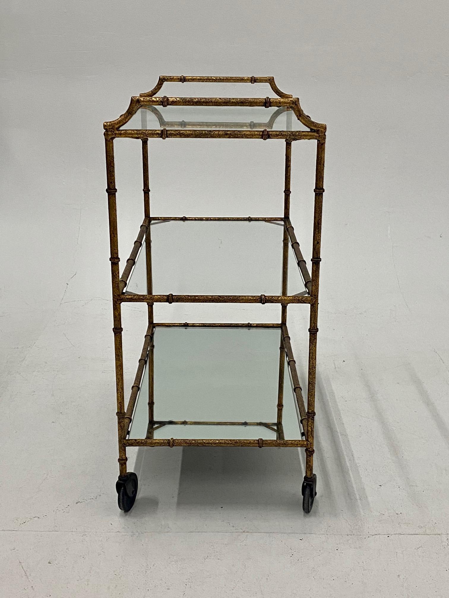 Mid-20th Century Chic Mid-Century Modern Hammered & Gilt Iron Faux Bamboo Bar Cart