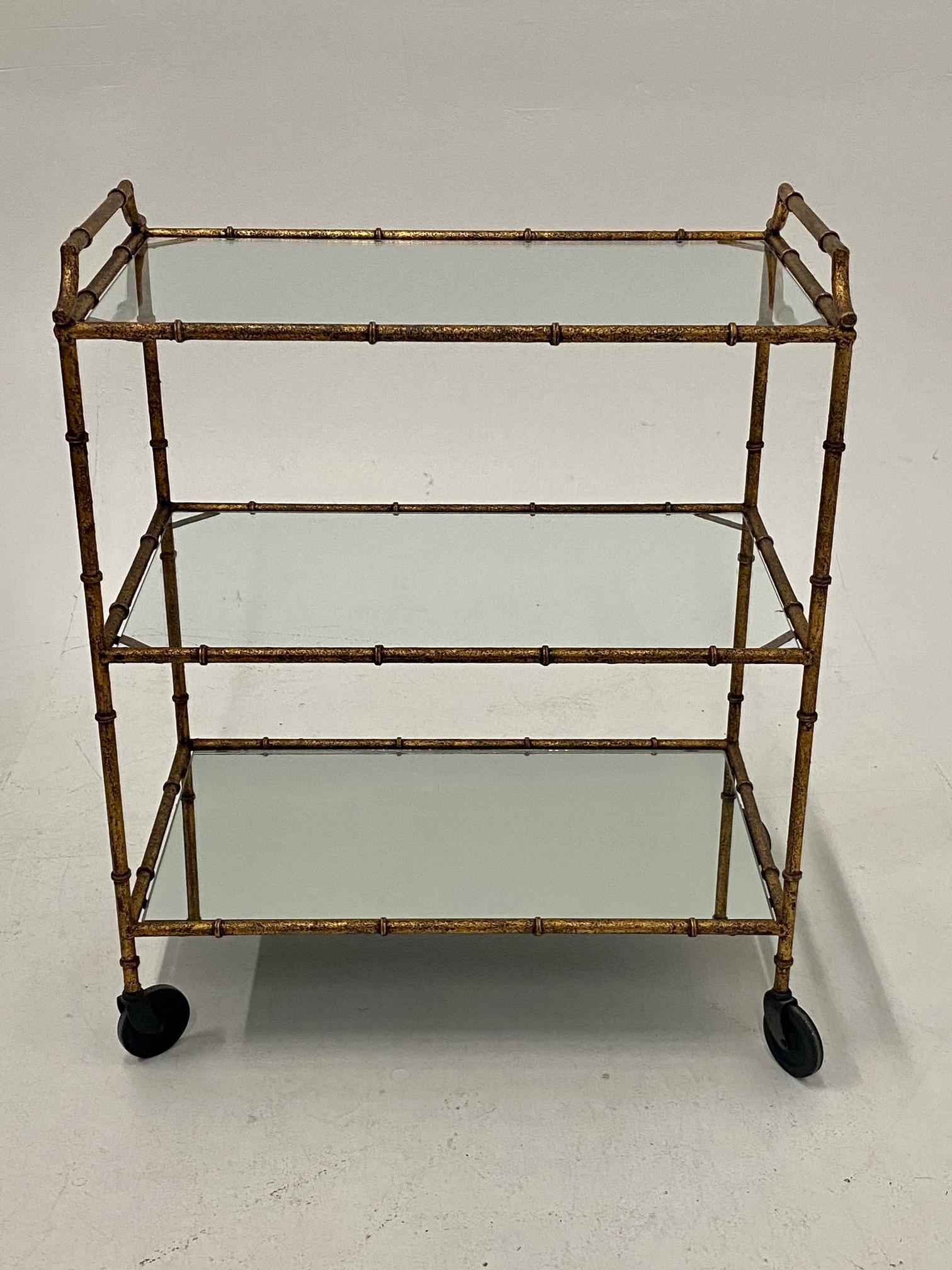 Chic Mid-Century Modern Hammered & Gilt Iron Faux Bamboo Bar Cart 1