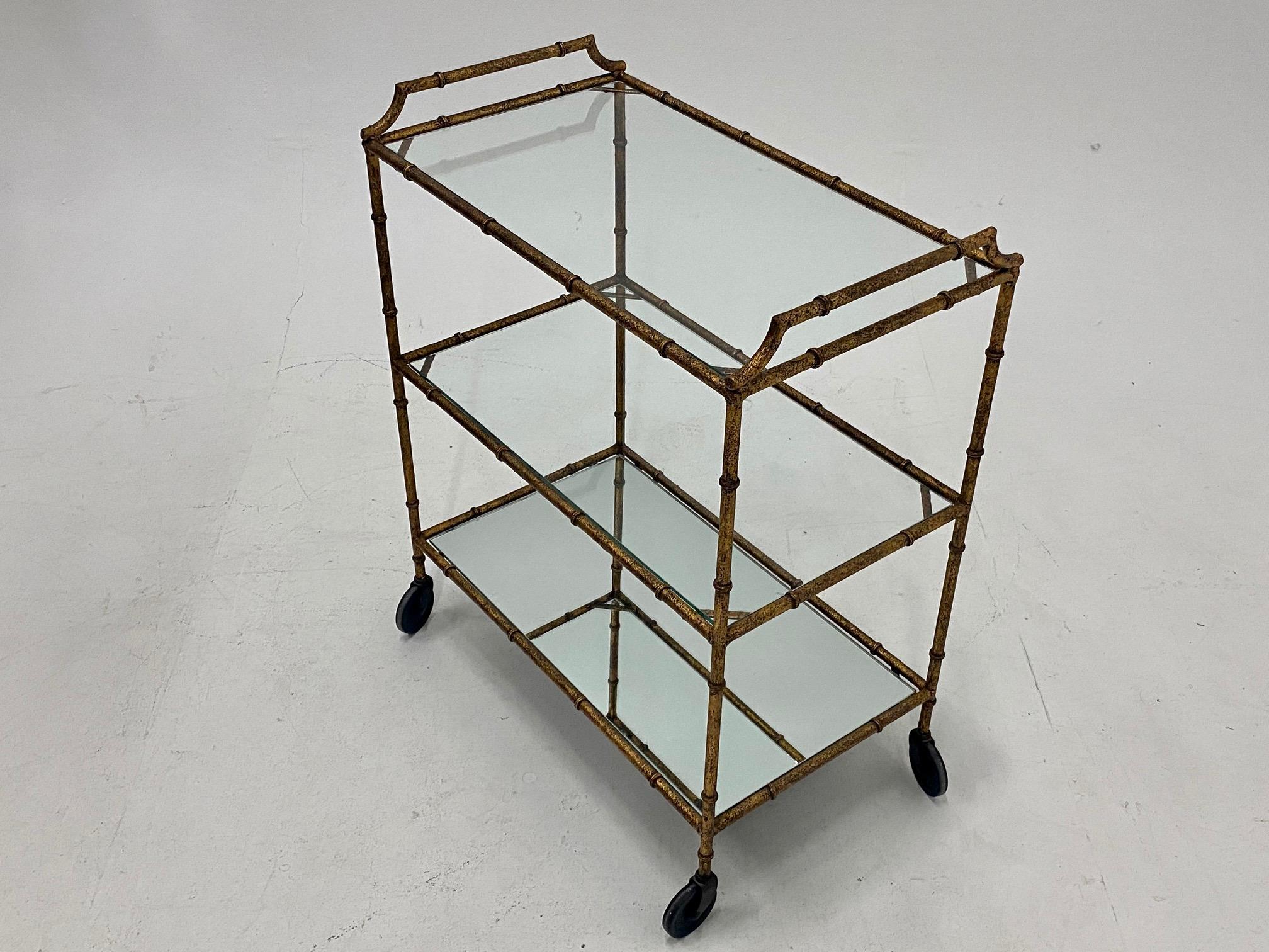 Chic Mid-Century Modern Hammered & Gilt Iron Faux Bamboo Bar Cart 2