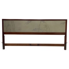 Chic Mid Century Modern Kingsized Mahogany Carved Headboard with Asian Motife