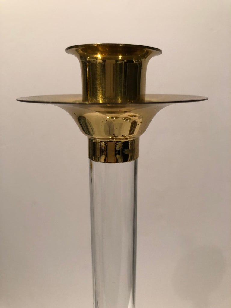 Chic MidCentury Modern Set of 3 Lucite and Brass Candlesticks at 1stDibs