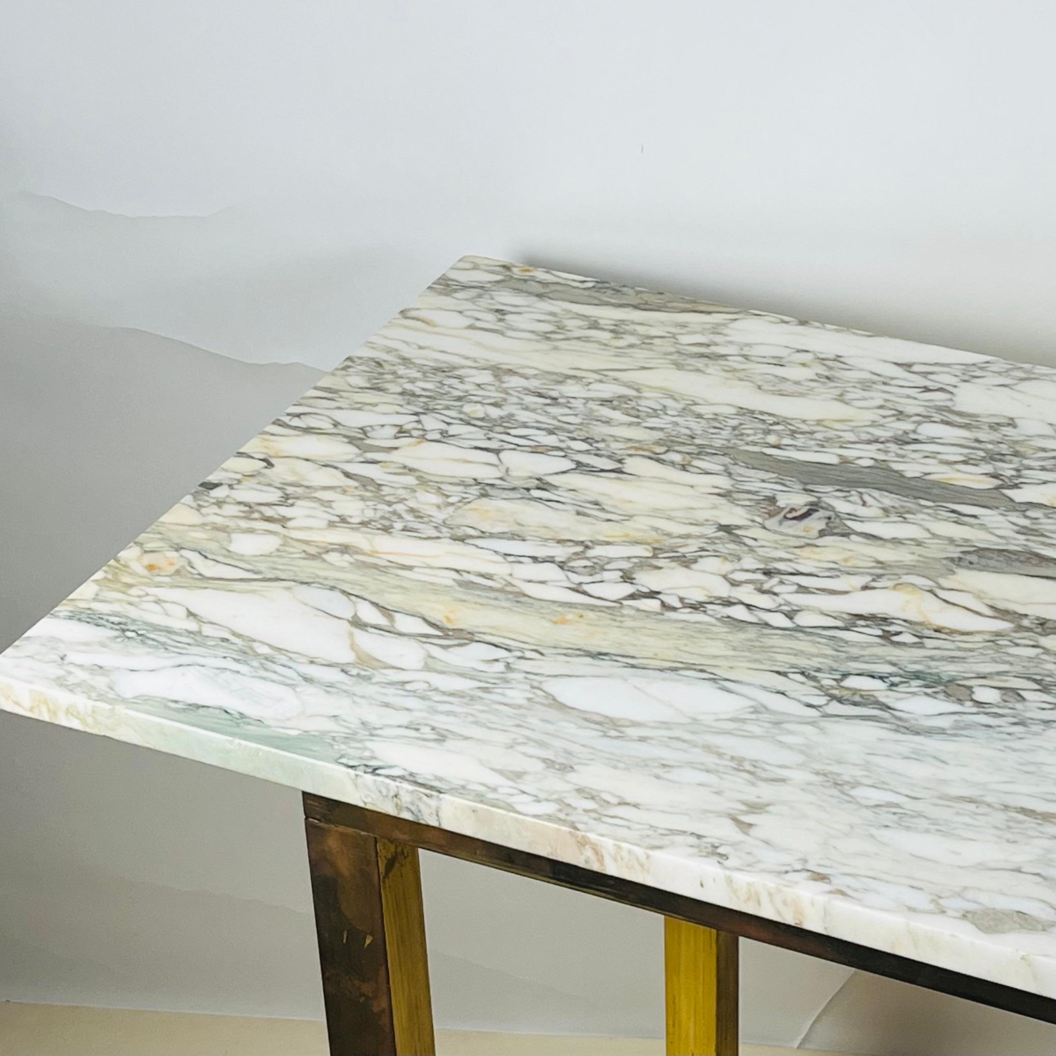 Chic Minimalist Patinated Brass and Marble Console or Library Table For Sale 4