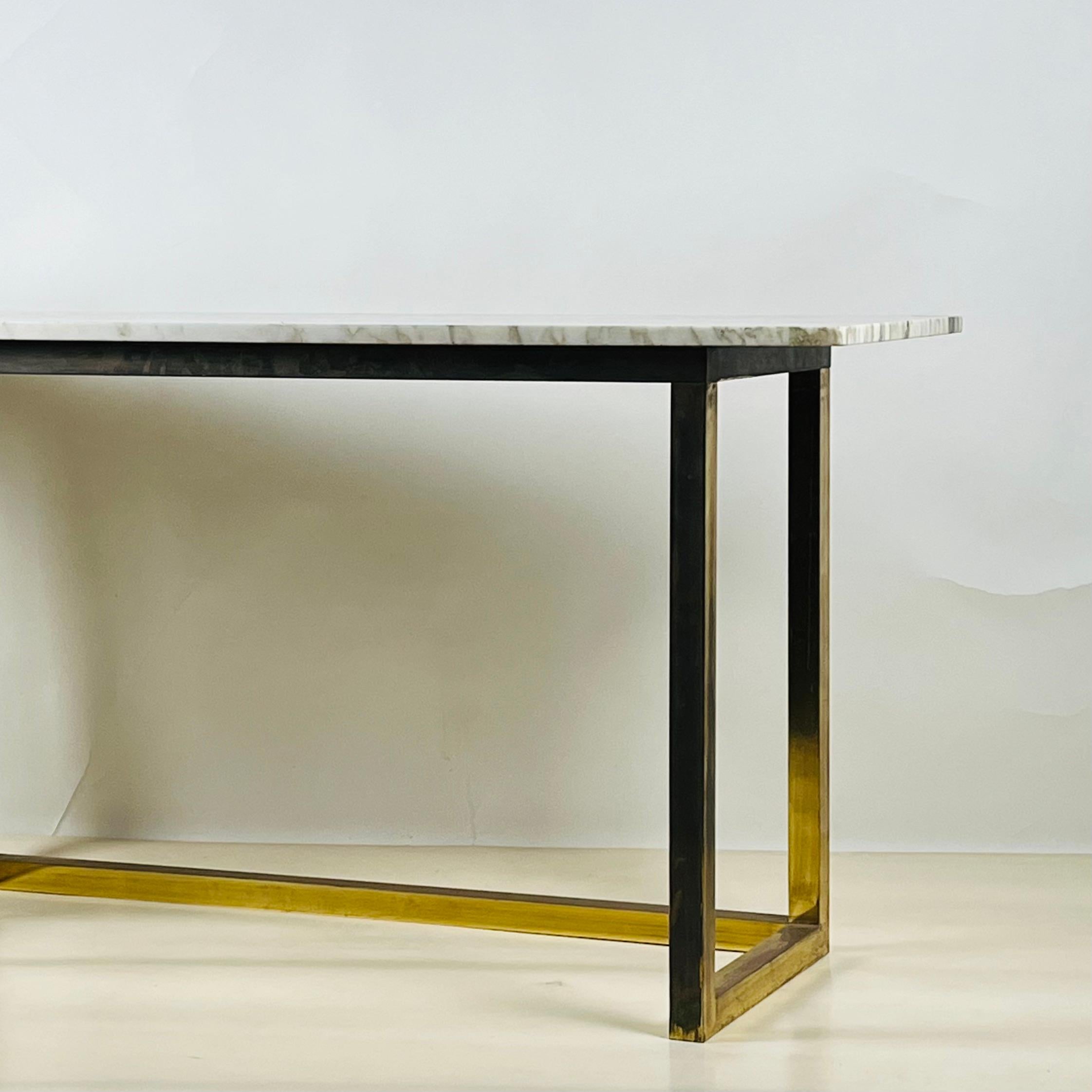 Chic Minimalist Patinated Brass and Marble Console or Library Table For Sale 6