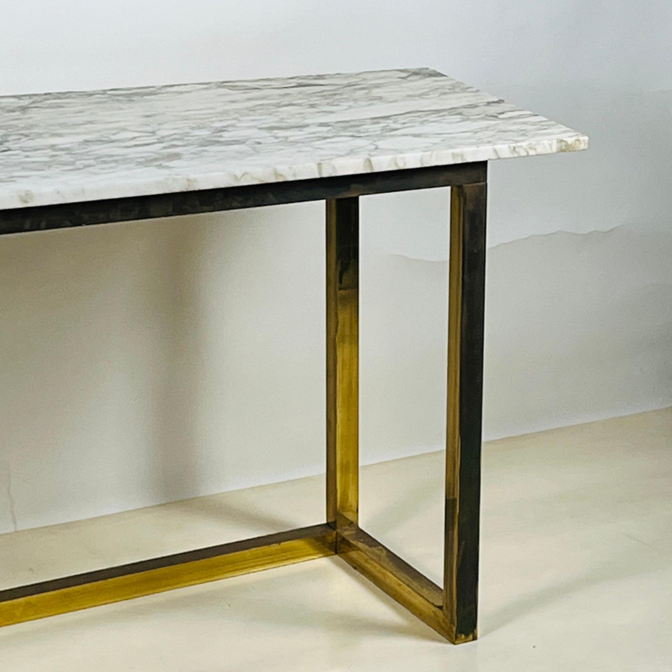 Modern Chic Minimalist Patinated Brass and Marble Console or Library Table For Sale