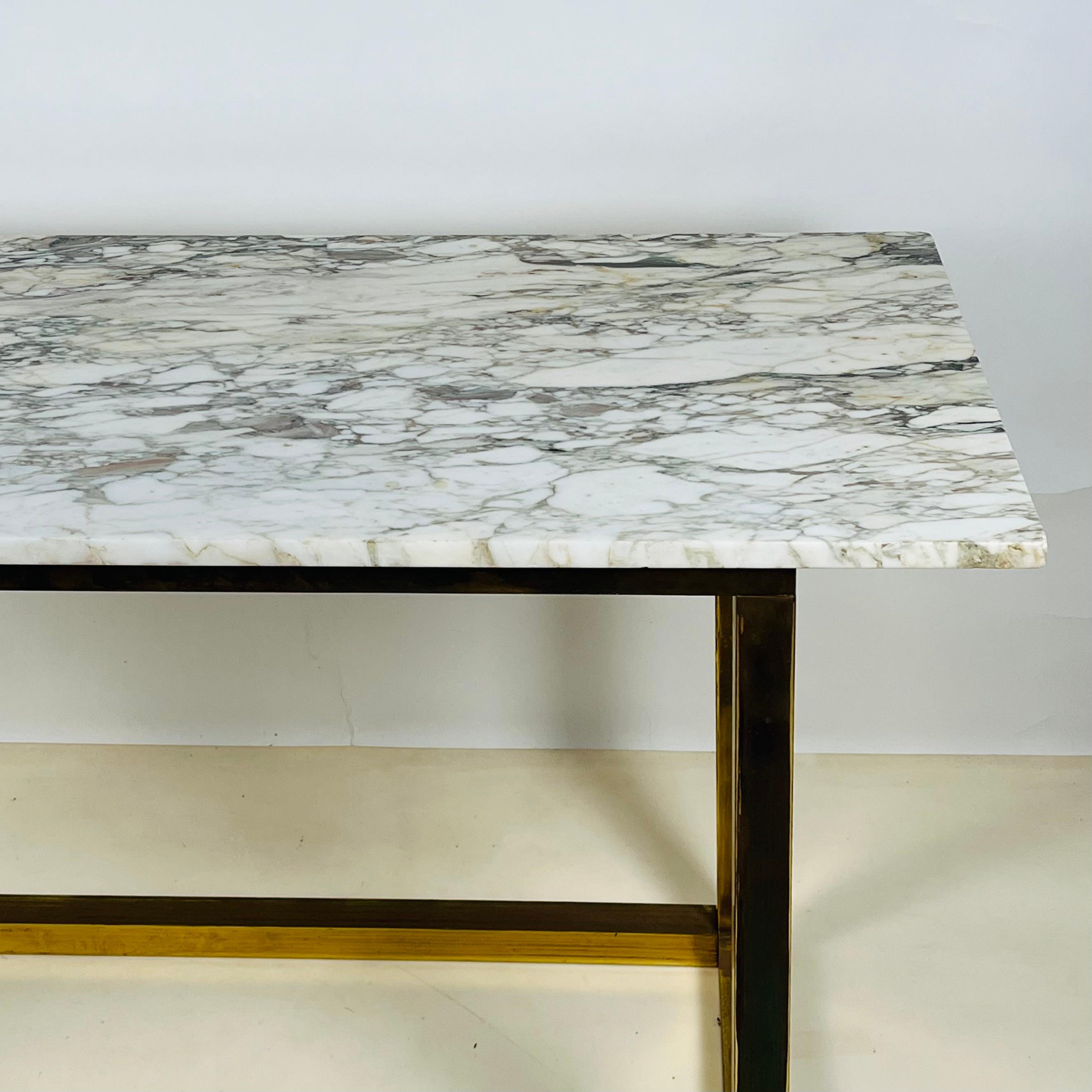 Chic Minimalist Patinated Brass and Marble Console or Library Table In Good Condition For Sale In Los Angeles, CA