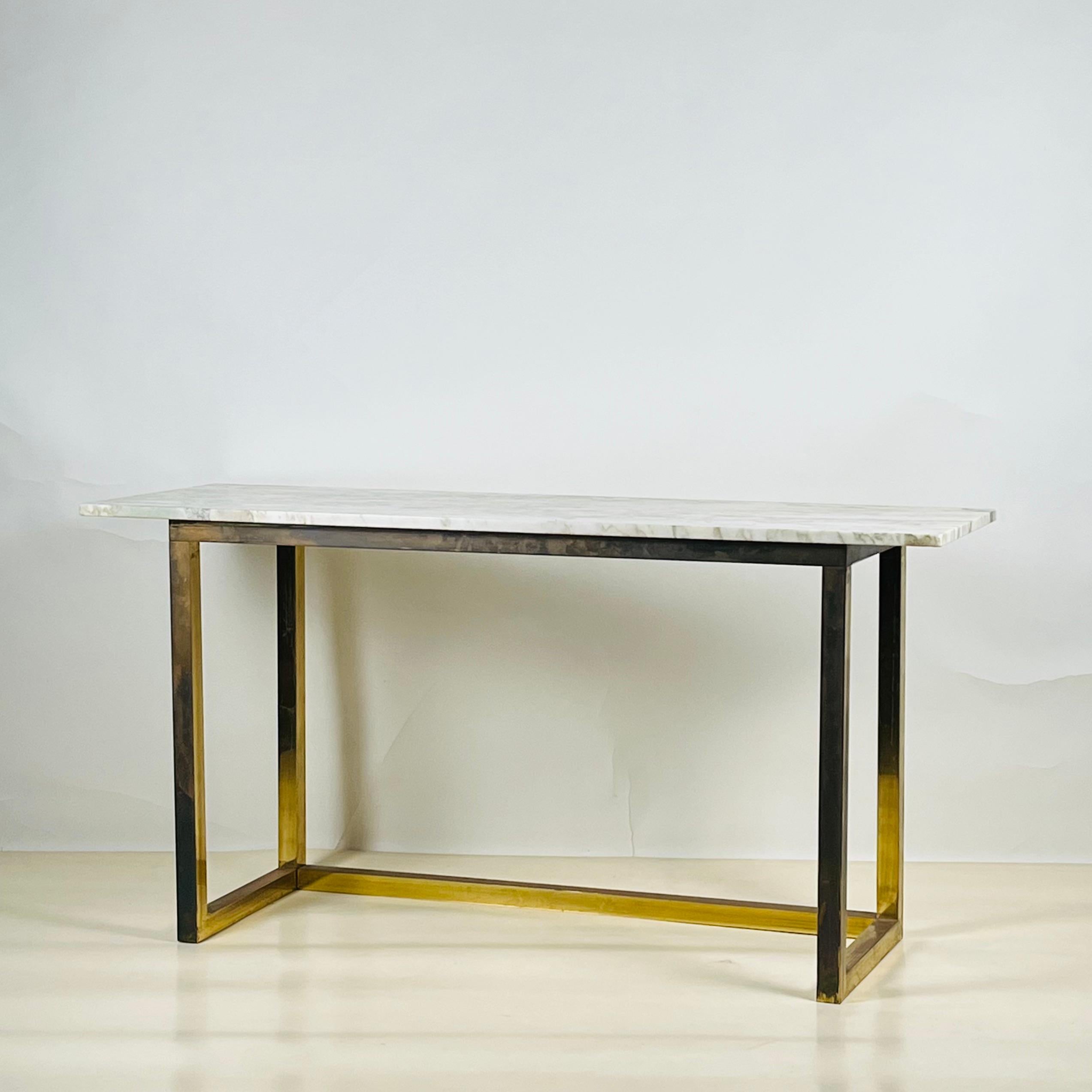 Chic Minimalist Patinated Brass and Marble Console or Library Table For Sale 1